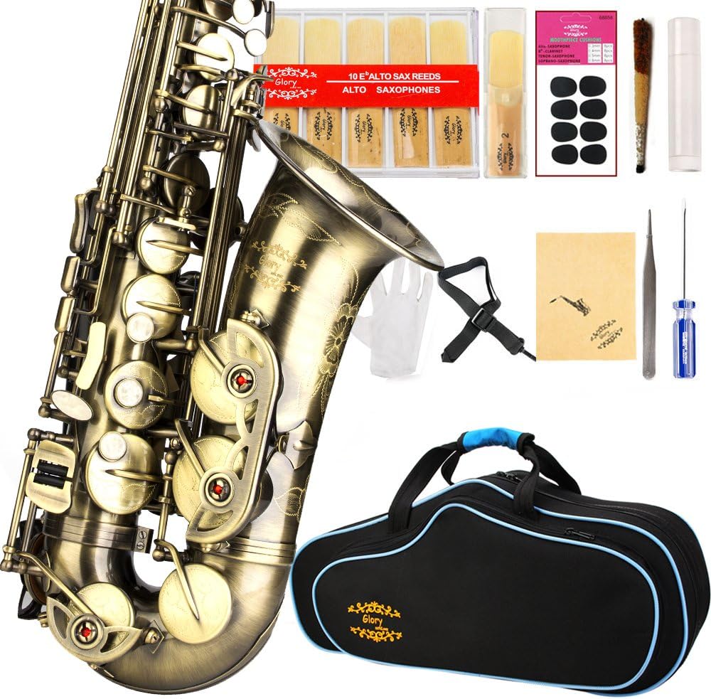 GLORY High Grade Antique Finish Series PR2, E Flat Alto Saxophone with 11reeds,8 Pads Cushions,case,carekit