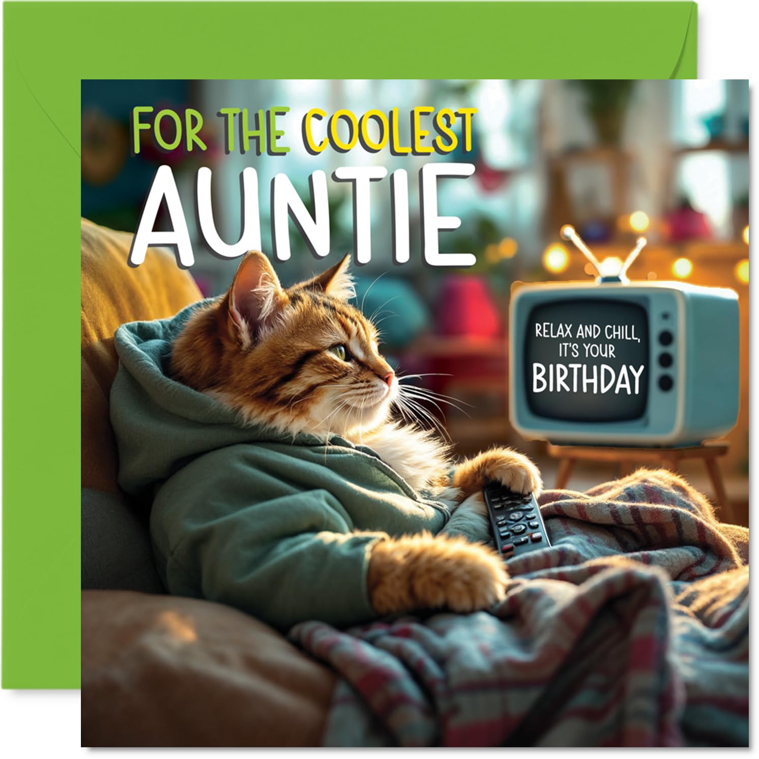 Auntie Birthday Card - TV Cat - Happy Birthday Card for Auntie from Nephew Niece, 145mm Cat Celebration Bday Greeting Cards
