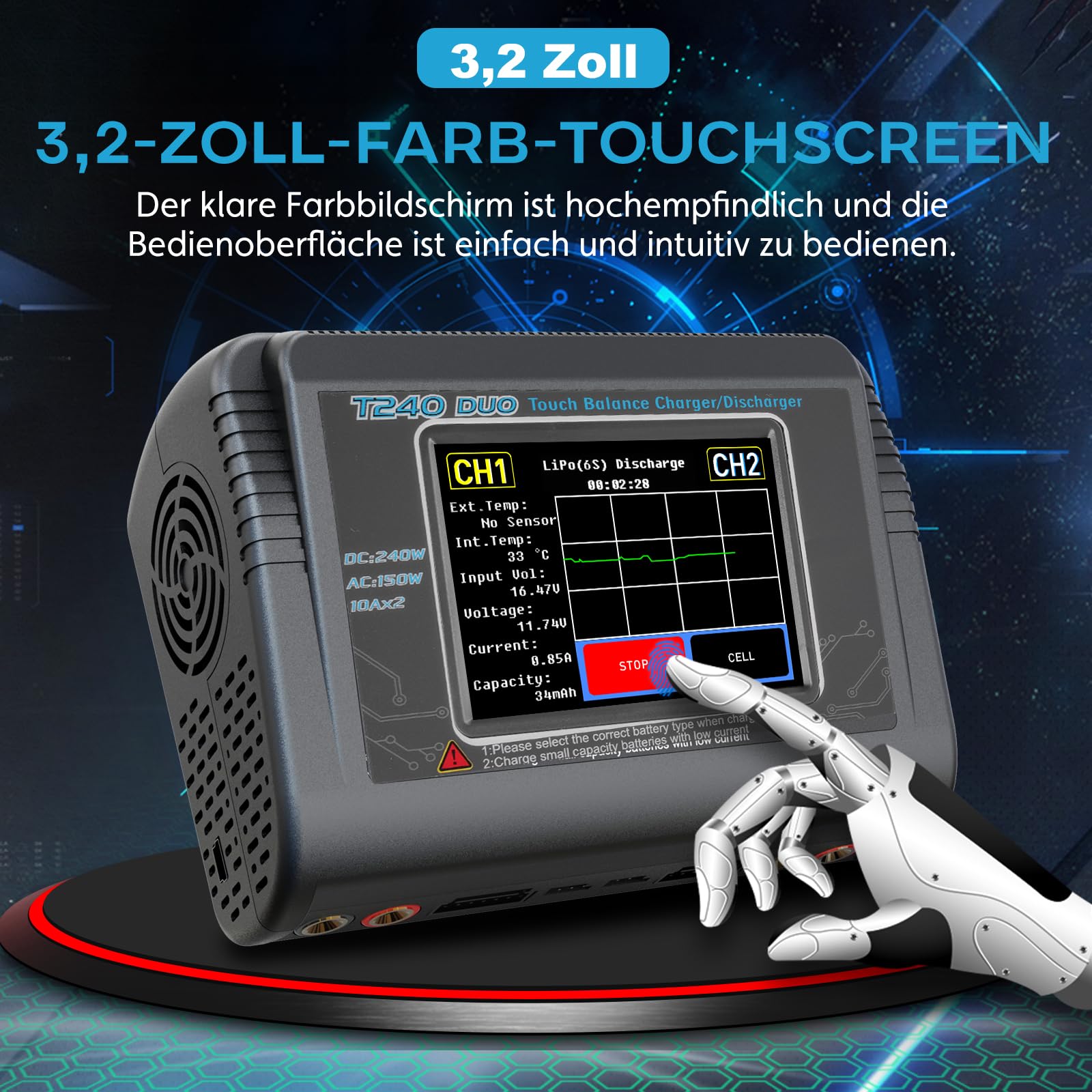 HTRC Duo RC Balance Ladegerät/Entlader für Lilon LiPo Life LiHV NiCd NiMH PB Smart Batterie Dual-Multi-Ladegerät AC 150W / DC 240W 10A