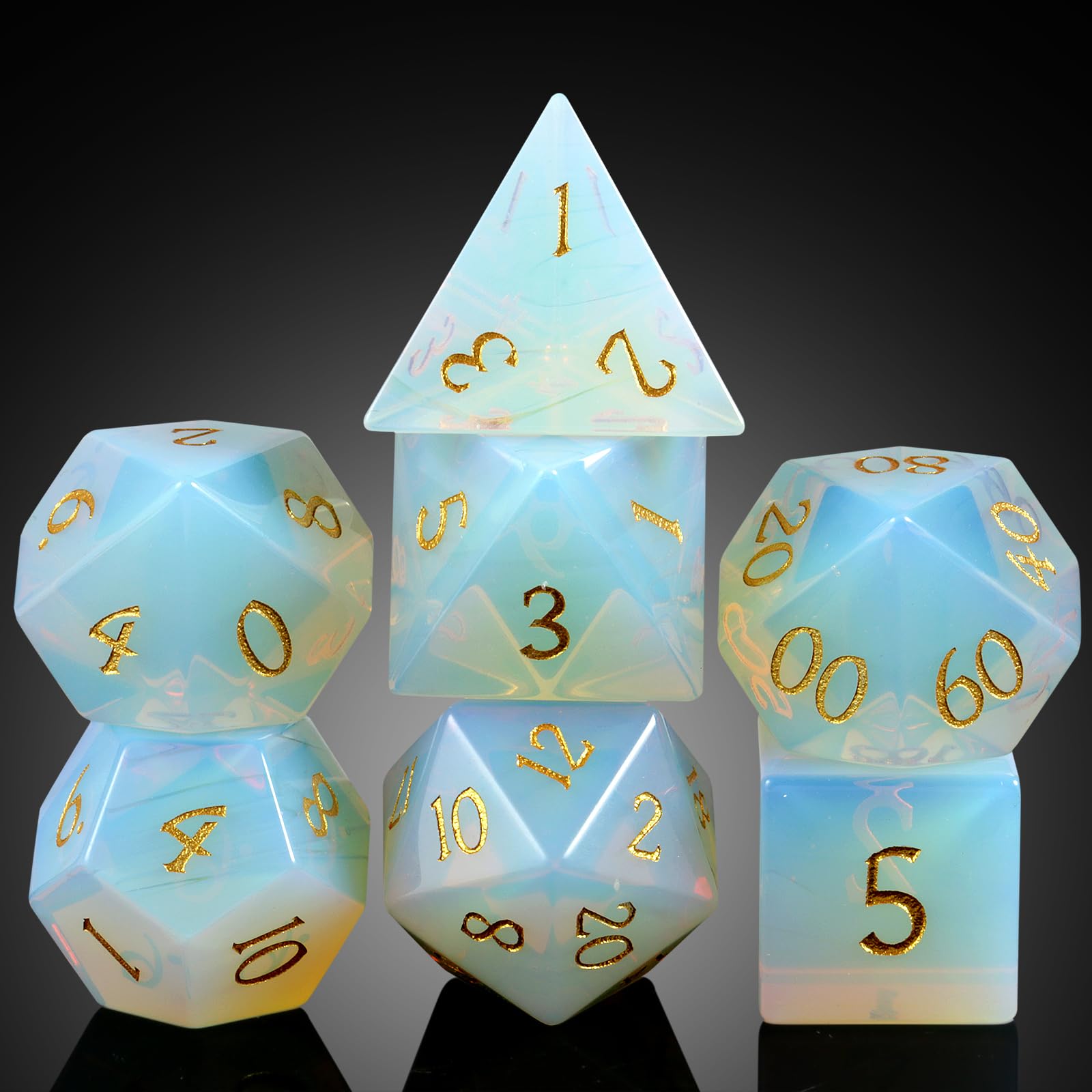 DNDND Opal Stone DND Dice Set 7PCS Gemstone D&D Die with Gorgeous Gift Case for D&D Tabletop Game (Opal)