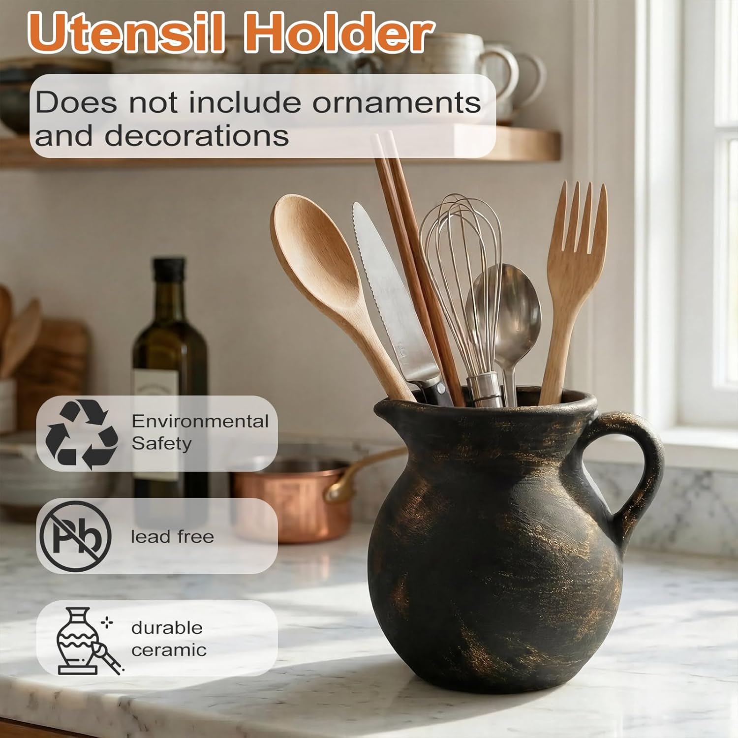 Rustic Kitchen Utensil Holder,7.6 Inch Large Ceramic Utensil Crock for Countertop, Vintage Kitchen Counter Decor,Perfect for Country Kitchen,Stunning Ceramic Vase(black copper)