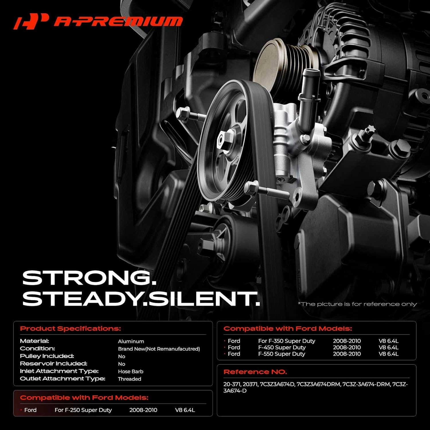 A-Premium Power Steering Pump Compatible with Ford F-250 Super Duty/F-350 Super Duty/F-450 Super Duty/F-550 Super Duty 2008-2010, V8 6.4L Diesel, Replace # STP219RM, 7C3Z3A674D