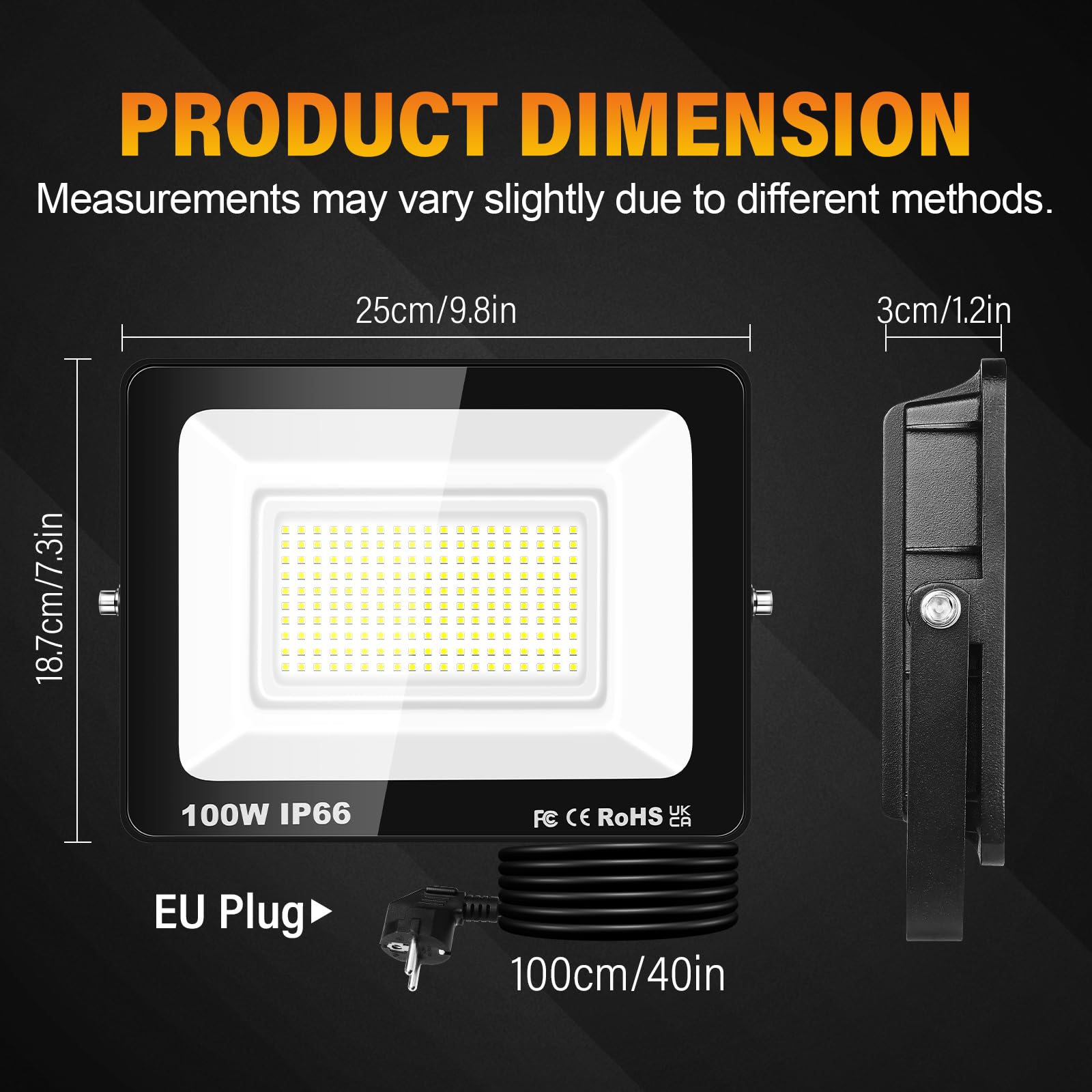 RIGIDON 2 szt. Zewnętrzny reflektor LED o mocy 1000 W, 10000 lm, zewnętrzna lampa punktowa LED z gniazdem, 6000 K, zimna biel, IP66, wodoszczelne, do ogrodu, patio, podwórka, garażu, wejścia