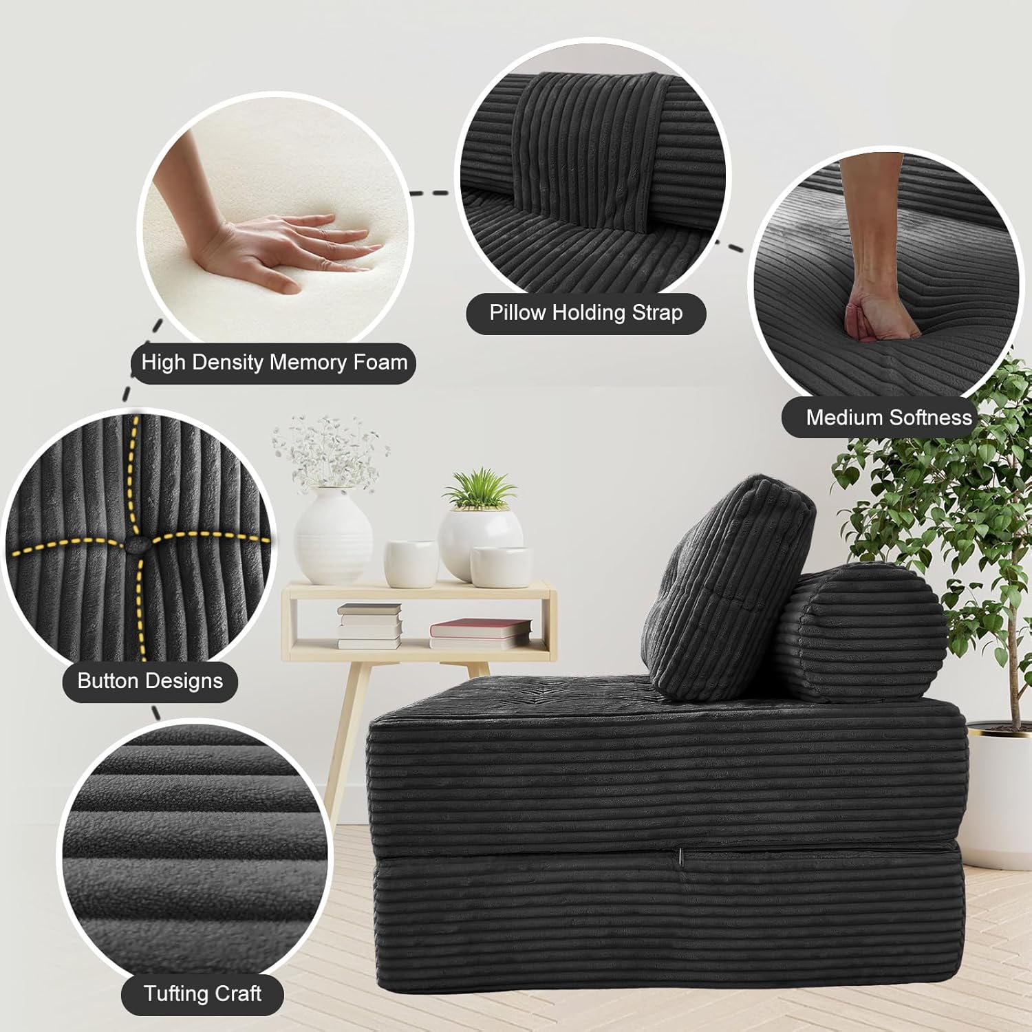 Folding Sofa Bed, Velvet Convertible Sleeper Chair with Pillow, Fold Out Chair Bed with Memory Foam, Futon Sleeper Couch Washable Cover for Dorm/Apartment, Dark Grey Single