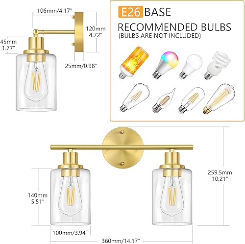 Miniatura 6 de Luminarias de baño, 2 luces de latón cepillado, iluminación de apliques de pared dorada, luces modernas para montar en la pared con pantalla de