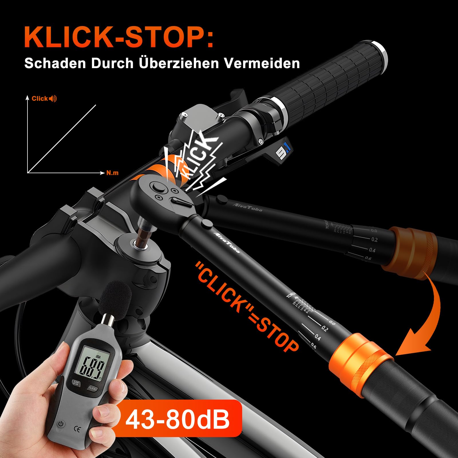 AivaToba Clé Dynamométrique Vélo 1/4", 3-25 Nm, Précision ±3%, Coffret de 43 Pièces avec 41 Douilles et Embouts, Rallonge et Joint Cardan pour VTT et Vélo de Route | 43 pièces ± 3 % Click Clé dynamométrique avec 41 douilles et embouts, articulation univer