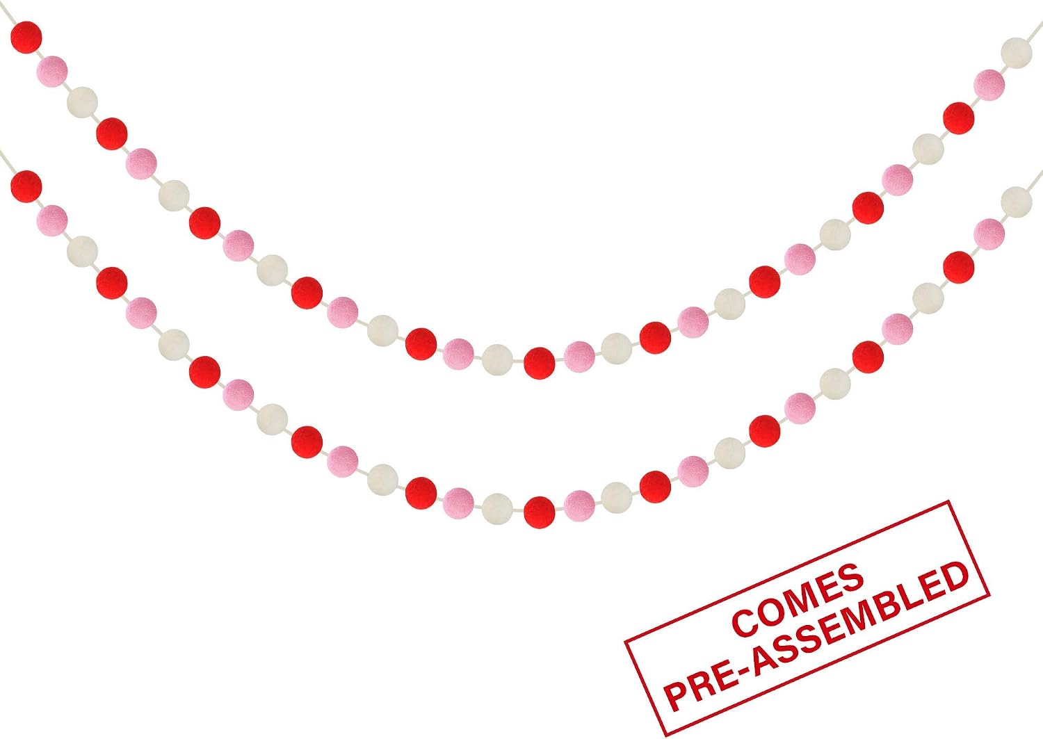 60 Balls Valentine's Day Felt Ball Garlands - Valentines Decorations - Valentines Red Pink White Pom Pom Garlands for Home Tree- Valentine's Day Indoor Outdoor Home Office Hanging Decor - 25mm