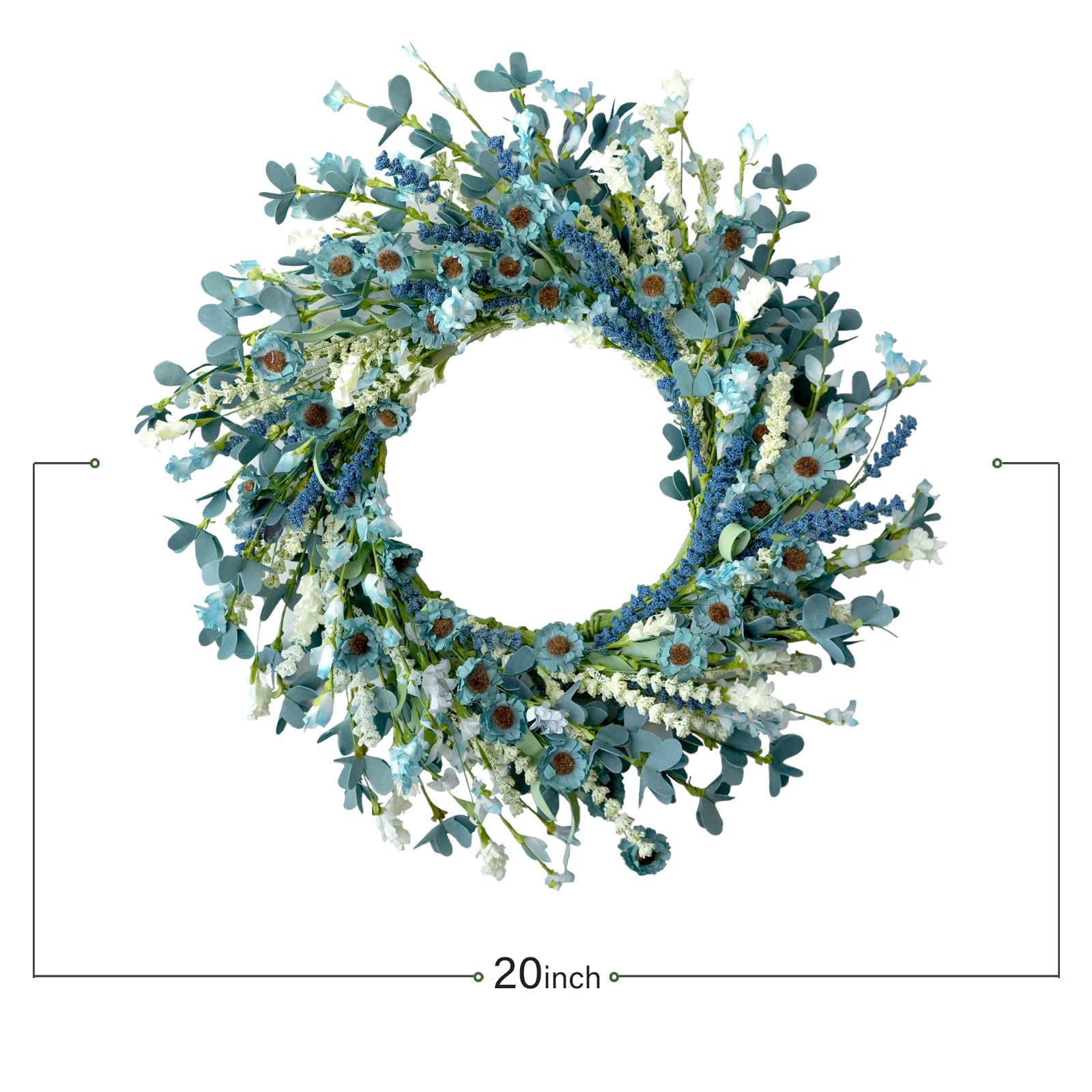 CIR OASES 20 Inch Spring Wreath Blue with Green Leaves Daisy Artificial Grains White Flower for Front Door Wreath,Farmhouse Decor Indoor&Outdoor Wedding Wall Home - Image 3