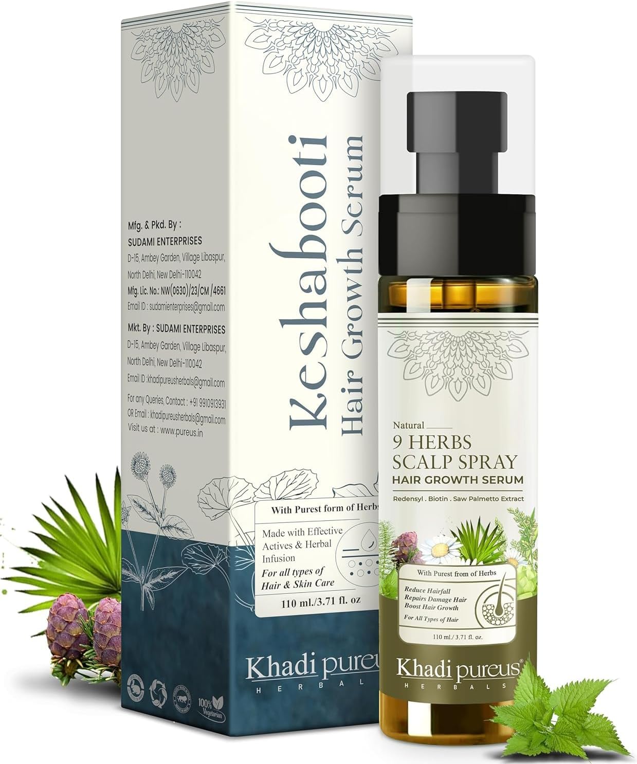 Kha'di -Pureus -Herbals 9 Herbs Scalp Spray Hair Growth Serum for Boost Hair Growth, Controls Hairfall, Repairs Damage Hair, Frizz Free Hair with Redensyl, Biotin, | 3.71 FL OZ | Women & Men (110ml)