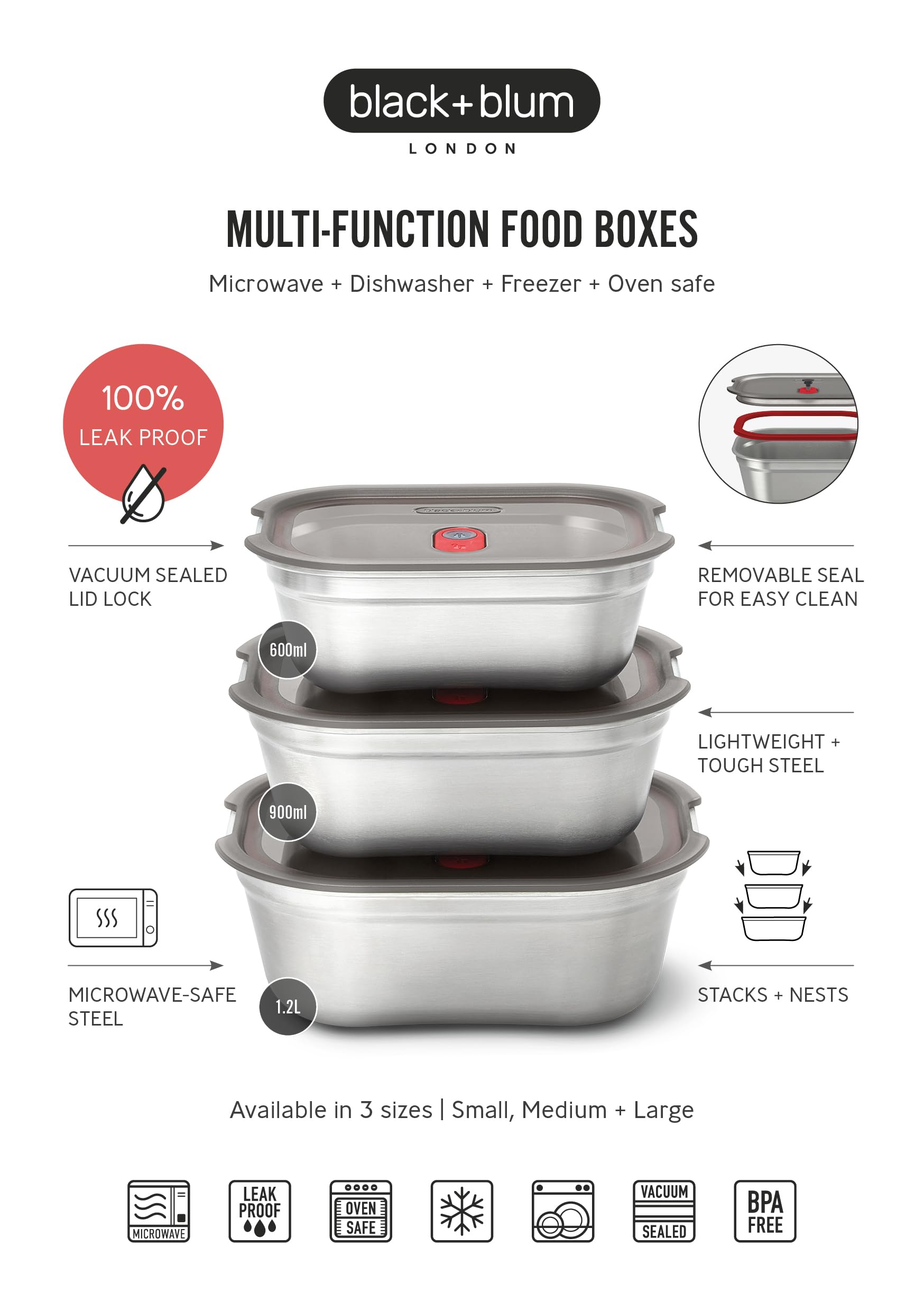 BLACK+BLUM recipientes Meal Prep 3 piezas 100 % herméticos con ventilación al vacío, acero inoxidable para comida, microondas, horno y congelador, perfectos para almuerzos, picnic y camping