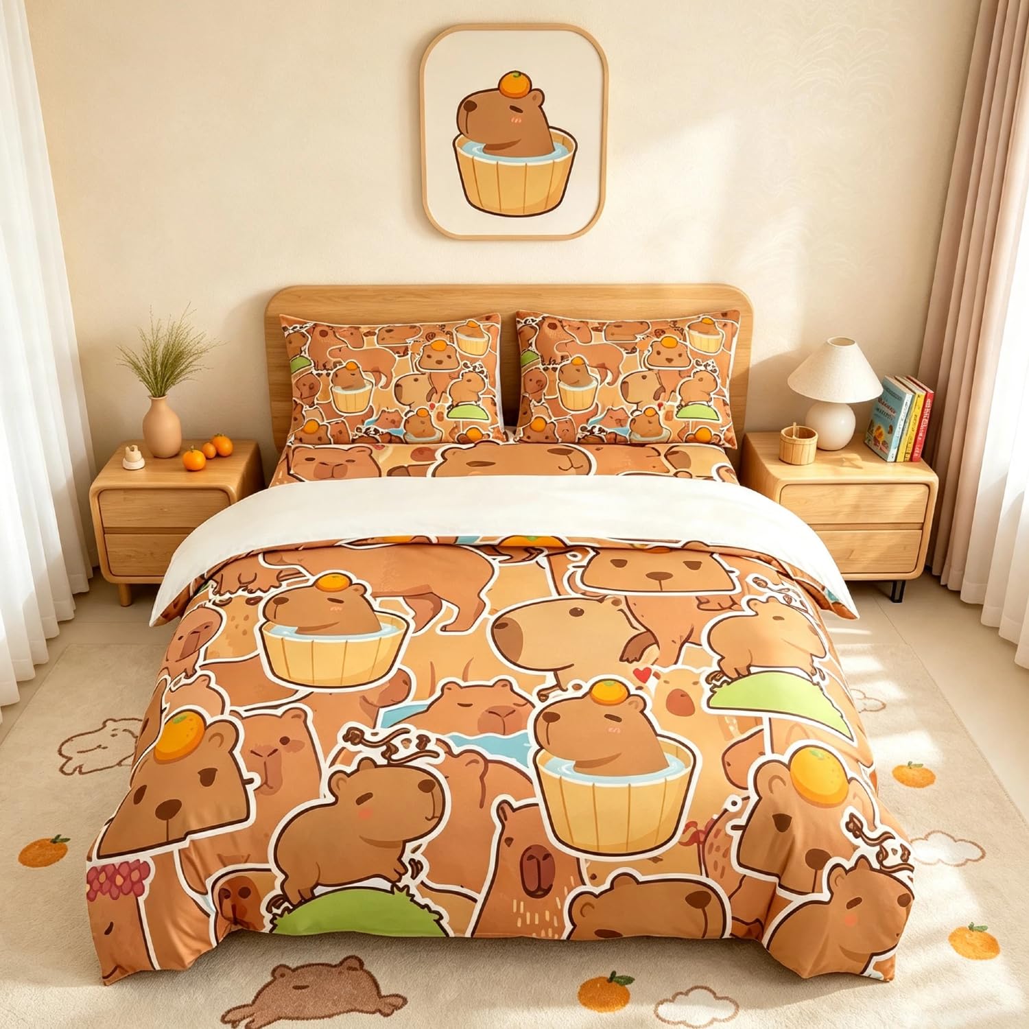 Loussiesd Capybara Bettbezug, 140 x 200 cm, Geschenk für Kinder, Capybara, Bettwäsche, Set für Jungen, Jugendliche, Liebhaber, Capybara-Tierliebhaber, Bettwäsche, Modell Orange, Braun, Bettwäsche-Set
