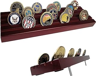 ASmileIndeep Military Challenge Coins Display Holder Solid Wood,Challenge Coin Stand Holds 30 Coins , 4 Row Military Coin Holder Rack for Desk,Challenge Coin Display Case for Collectors,Red Finish