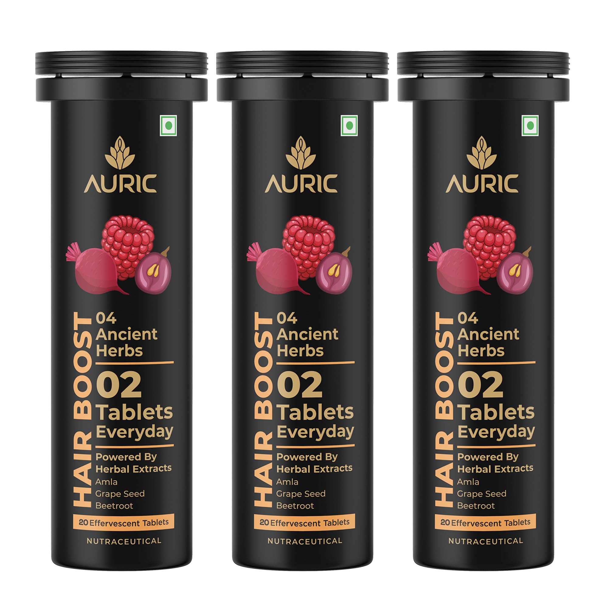 Auric Hair Boost Effervescent Tablets 60 Count | Ayurvedic Formula for Hair Fall Control | Biotin, Zinc, Beetroot & Grapeseed Extracts & Herbal Extracts | Hair Growth & Strength Support