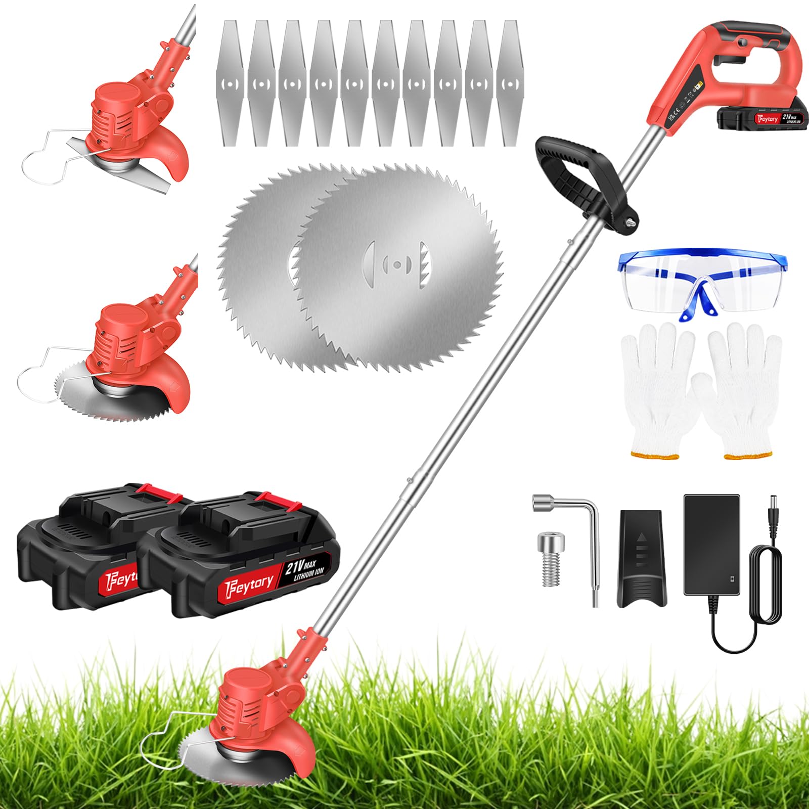 21V Cordless Strimmer, Telescopic Lightweight Electric Grass Trimmer with 10 Metal Blades & 2 Saw Blades, 2x1.5Ah Batteries, Electric Garden Lawn Border Edger Grass Cutter Edging Tool for Weed Control