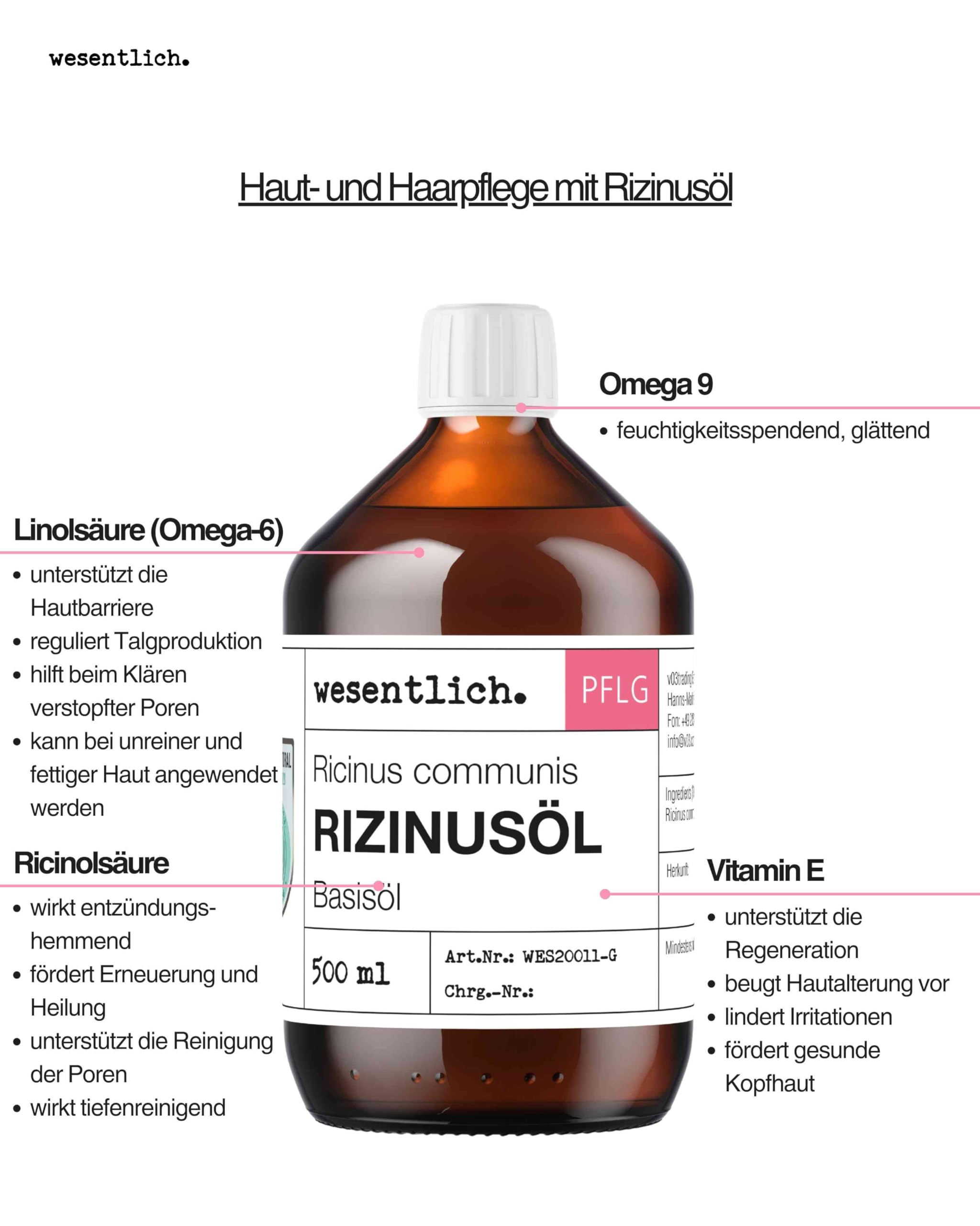 Olej rycynowy 500 ml – czysty olejek firmy wesentlich. – pielęgnacja skóry i włosów – rzęsy i brwi