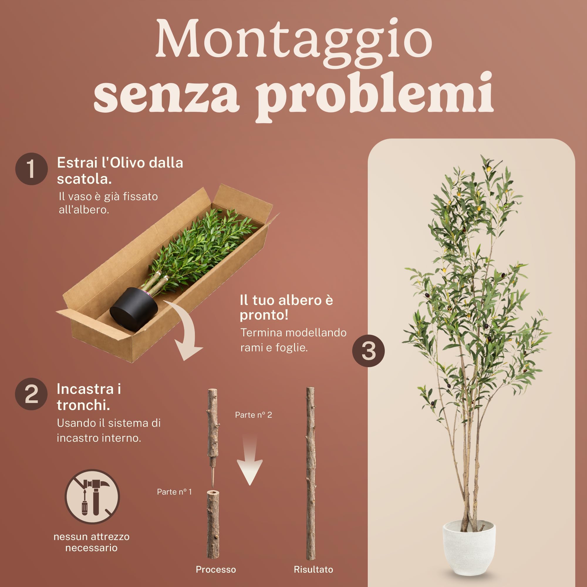 MAIA SHOP Olivo artificiale Flair 150 cm Minimal, pianta finta da interno con tronco naturale, albero decorativo realistico per casa ufficio hotel