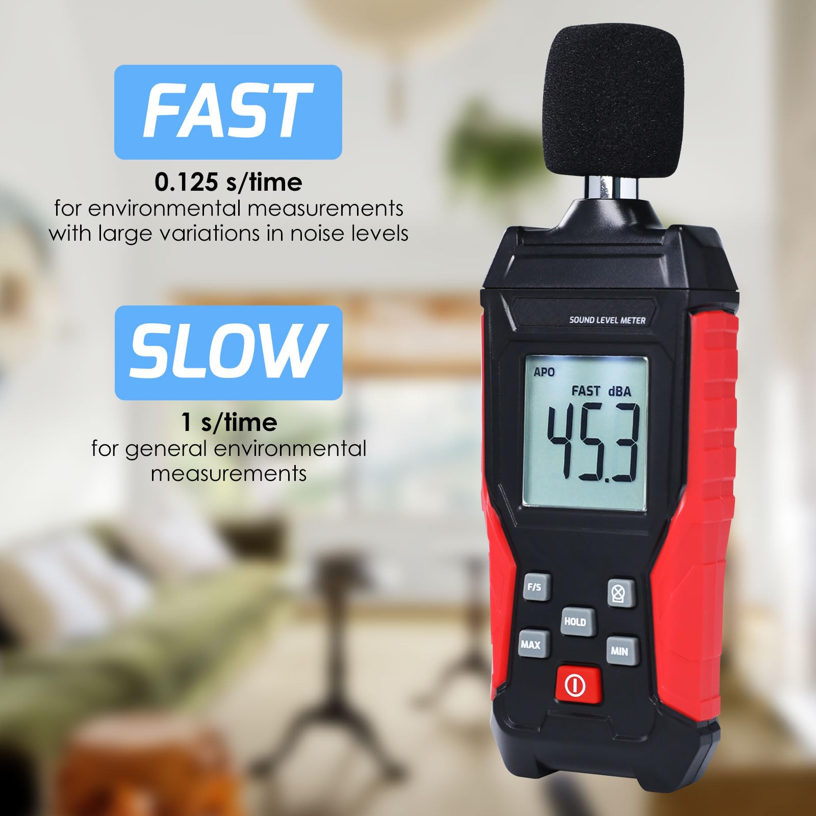 Medidor de decibelios Lector de nivel de sonido portátil SPL medidor de 30 a 130 dB máx/min alarma de retención de datos con retroiluminación pantalla LCD A/C ponderado medidor de decibelios de ruido