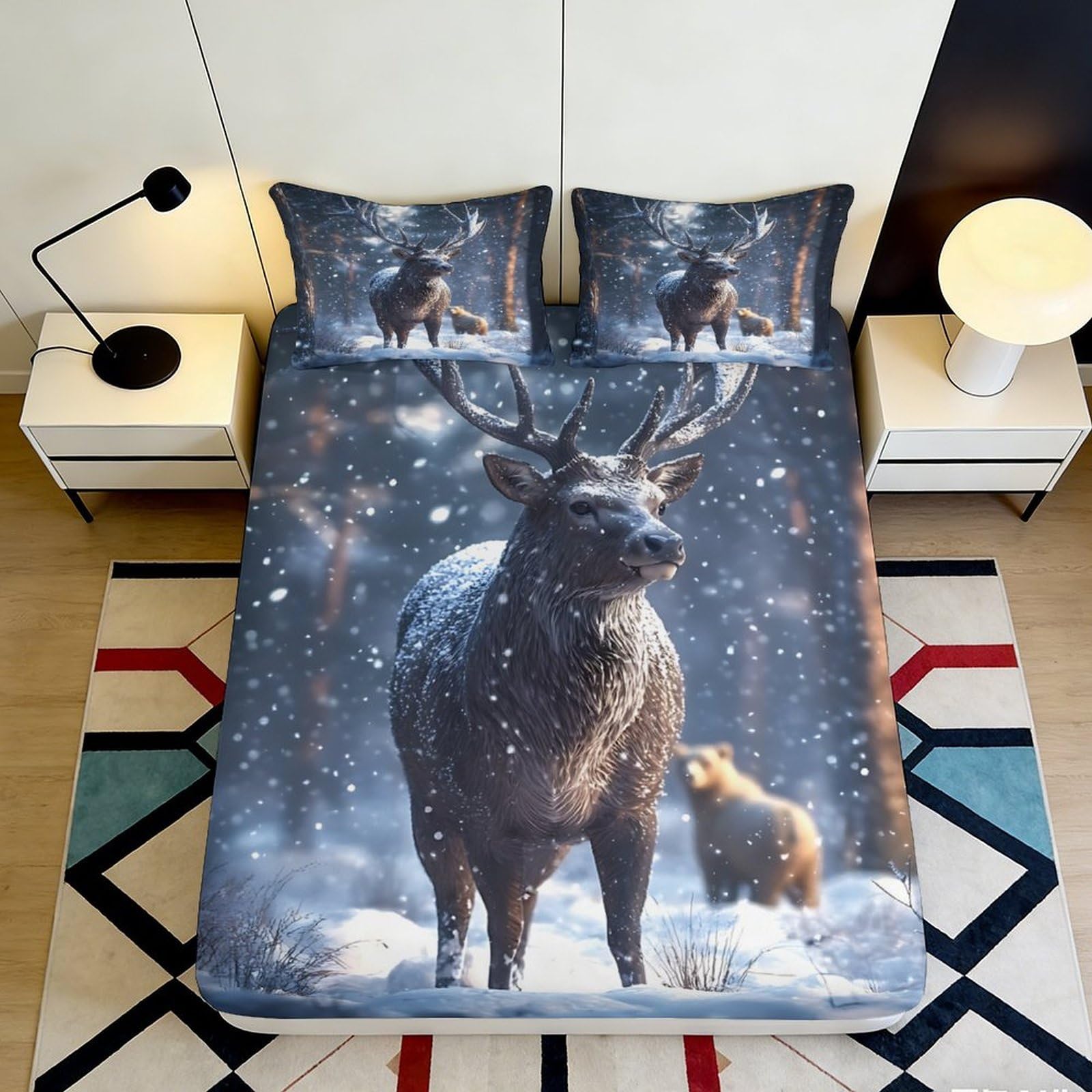 3D Printed Winter Elk Forest Fitted Sheet Microfiber Soft Mattress Cover with Bear Pattern for Bedroom Guestroom Decor 90x200x25cm