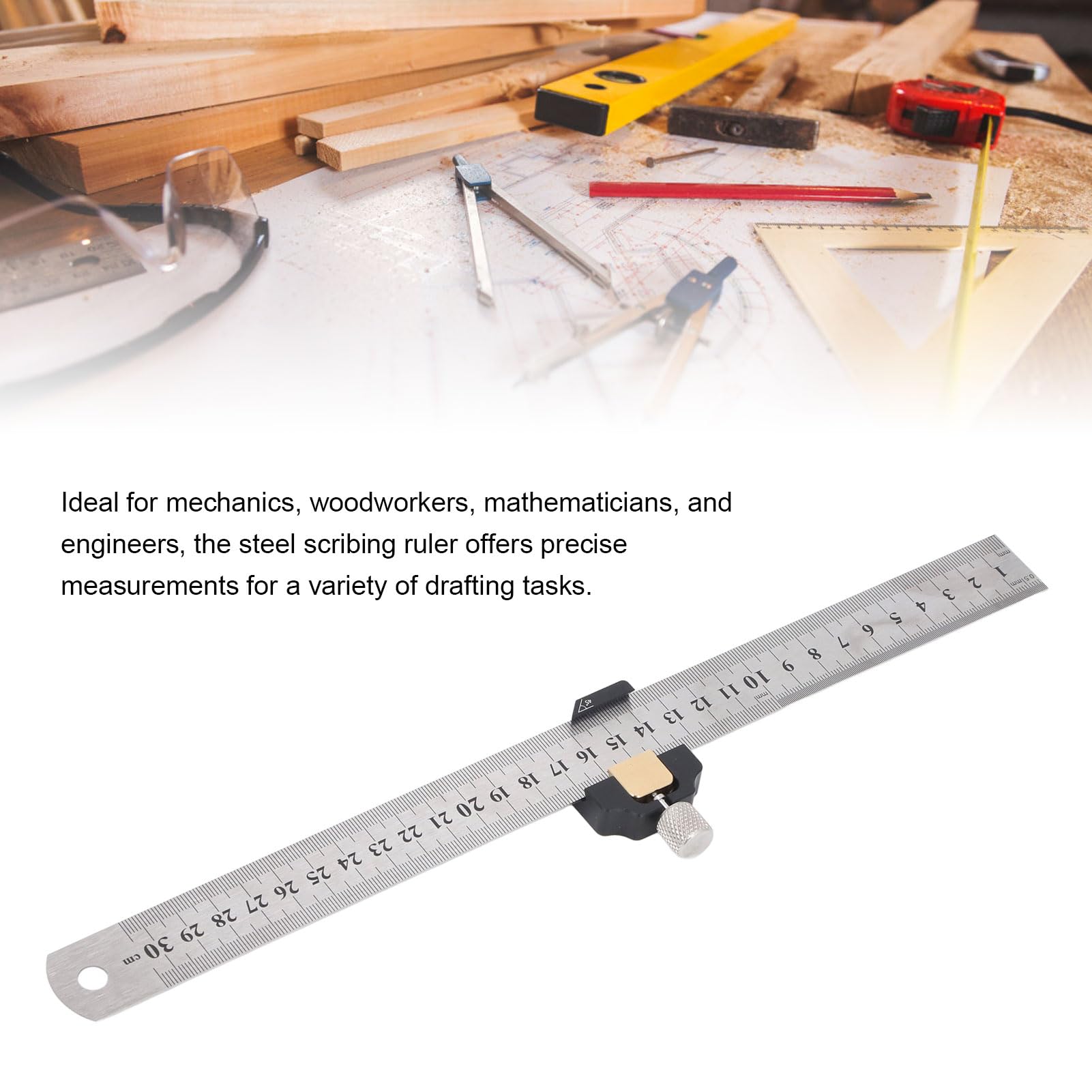 Steel Slide Stop Ruler, 30cm Imperial Metric Measurement with Positioning Block, Woodworking Scribing Tool for 45 90 Degree Angles - Image 4