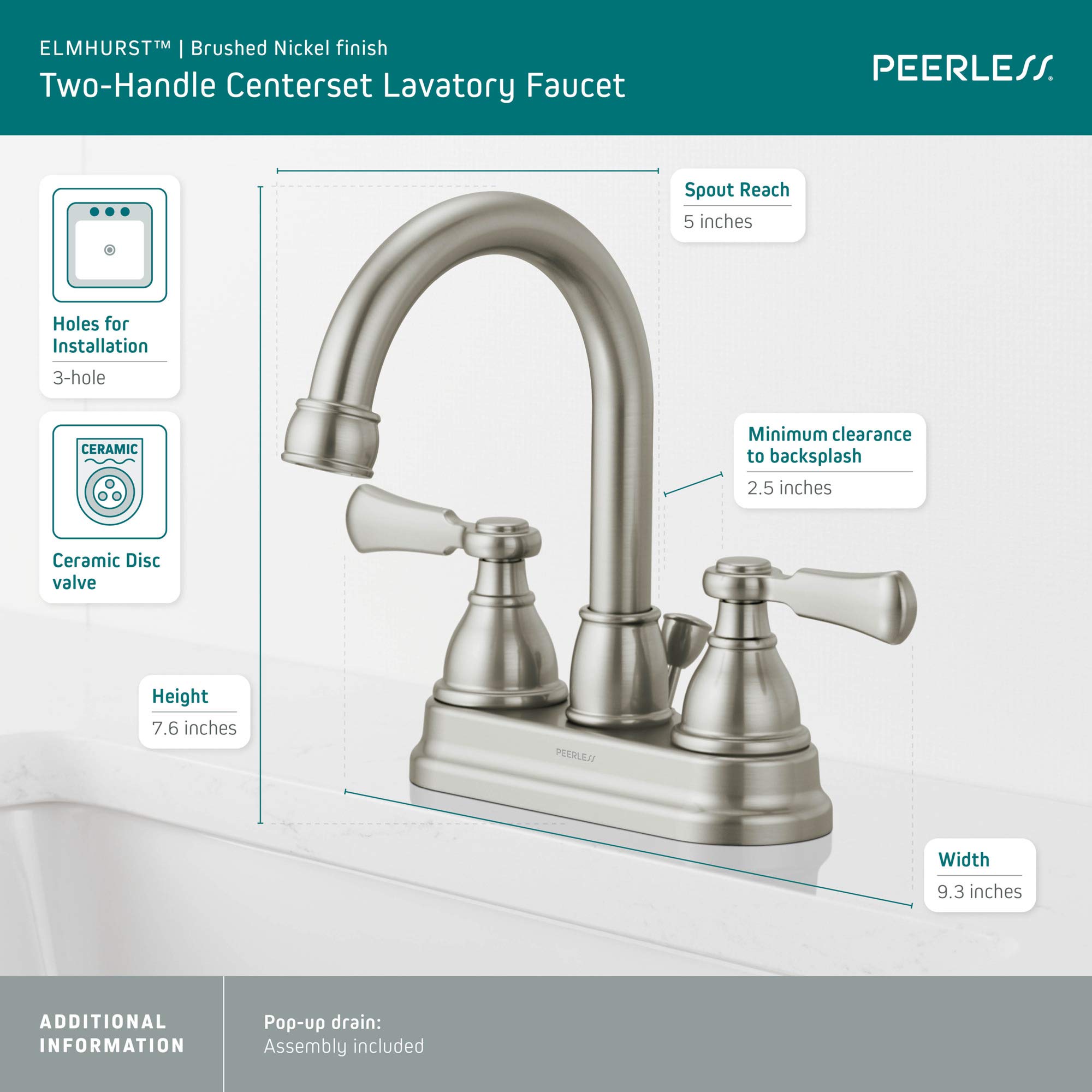 Peerless P2665LF-BN Elmhurst - Rubinetto centrale per vasca da bagno, in nichel spazzolato