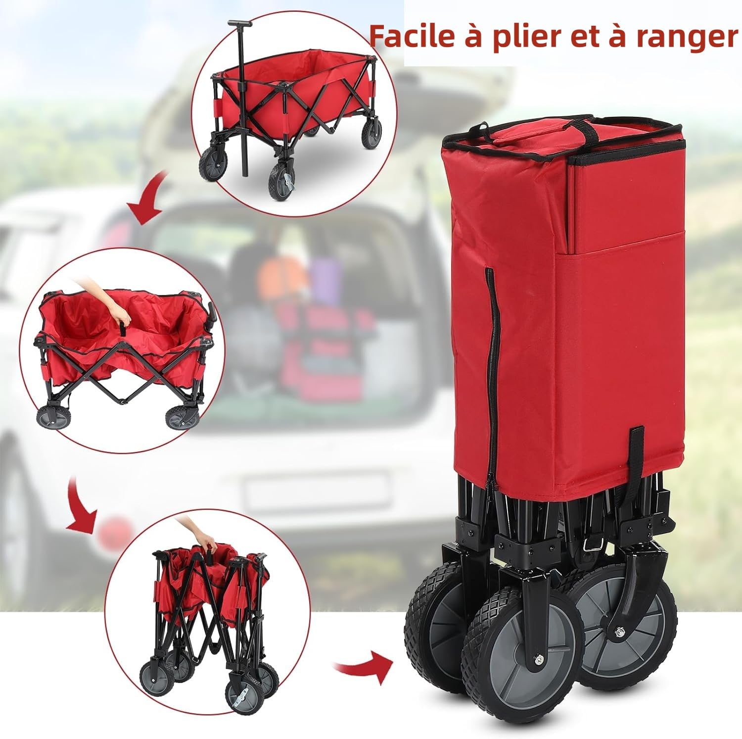 ALightUp Chariot Pliable Rouge - 100 kg Capacité, Chariot à roulettes Tout Terrain | Transport Lourd pour Jardinage, Plage, Camping | Compact, Léger et Facile à Assembler