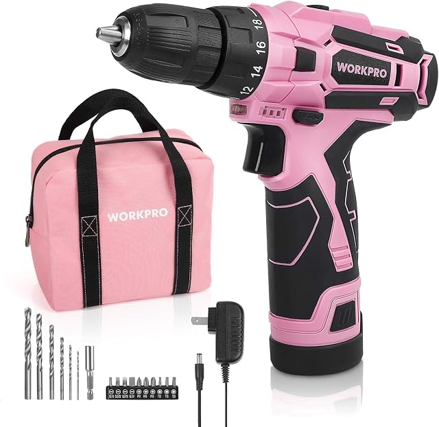 Ensemble de perceuse sans fil WORKPRO 12V rose, réglage de couple 18+1, kit d'outils de tournevis électrique, mandrin sans clé de 3/8 po, chargeur et sac de rangement inclus