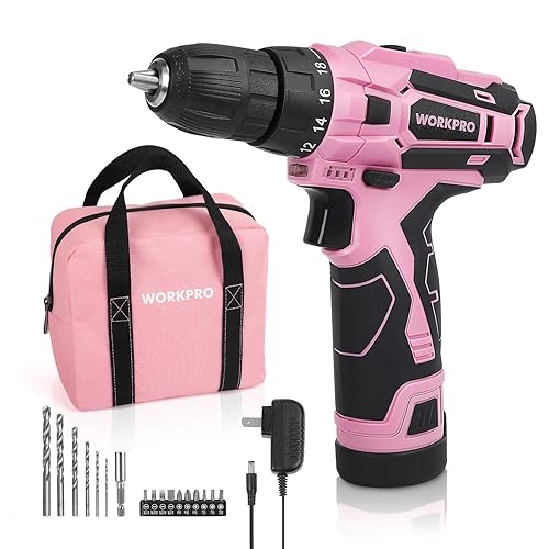 WORKPRO 12V Pink Cordless Drill Driver Set, 18+1 Torque Setting, Electric Screwdriver Driver Tool Kit, 3/8" Keyless Chuck, Charger and Storage Bag Included - Pink