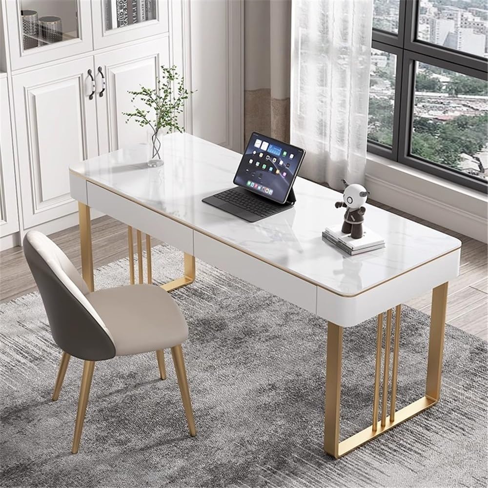 Escritorio de Oficina Escritorio Moderno for PC con 2 cajones, tocador Blanco Superficie de losa Roca y Marco Metal for el hogar, la Oficina Dormitorio Mesa para Juegos de portátil(Gold,XL)