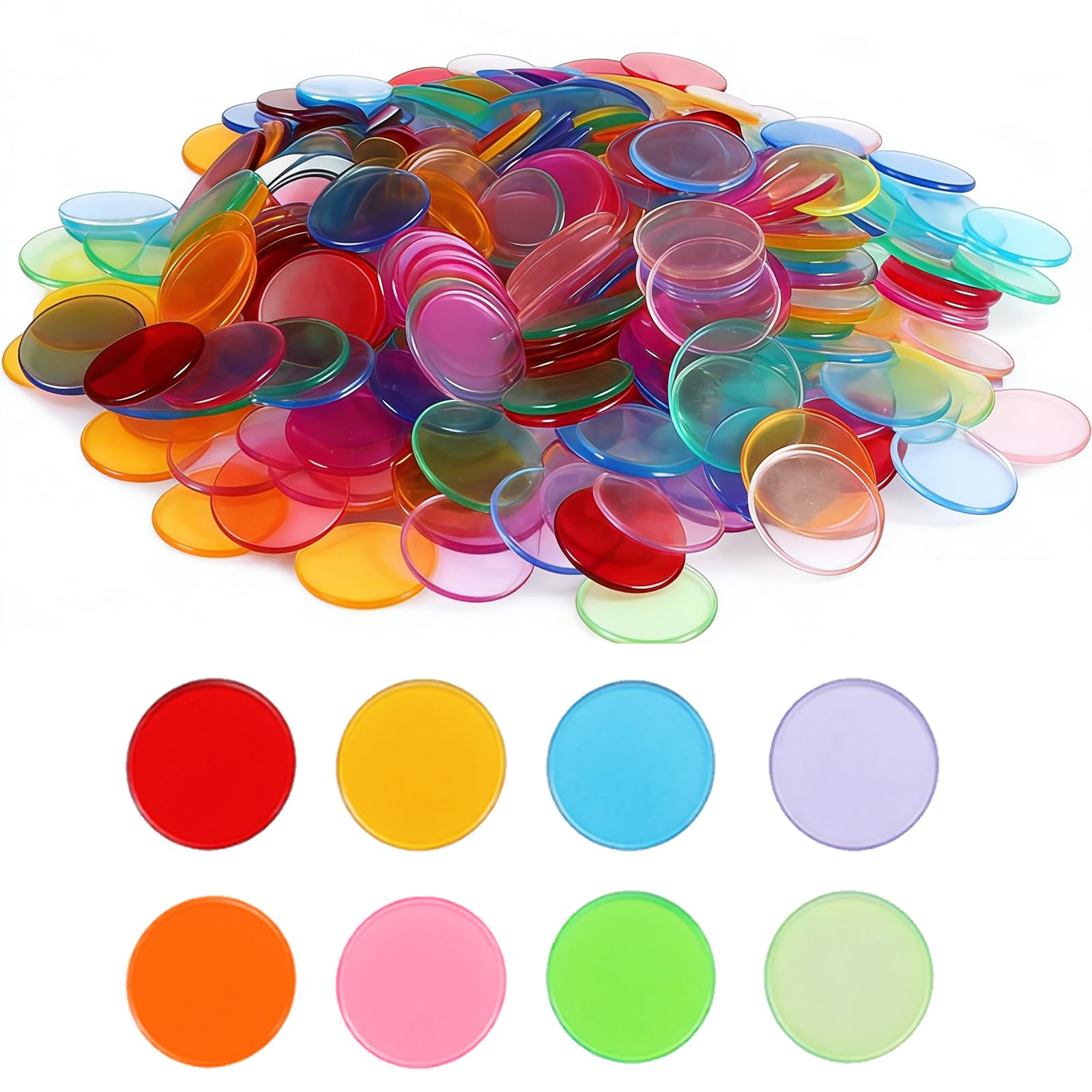 Kaelosyn 8-Color Bingo Counting Discs – 200pcs 3/4" Clear Plastic Chips，plastic counters tokens tiddlywinks for Board Games, Math, and Educational Fun