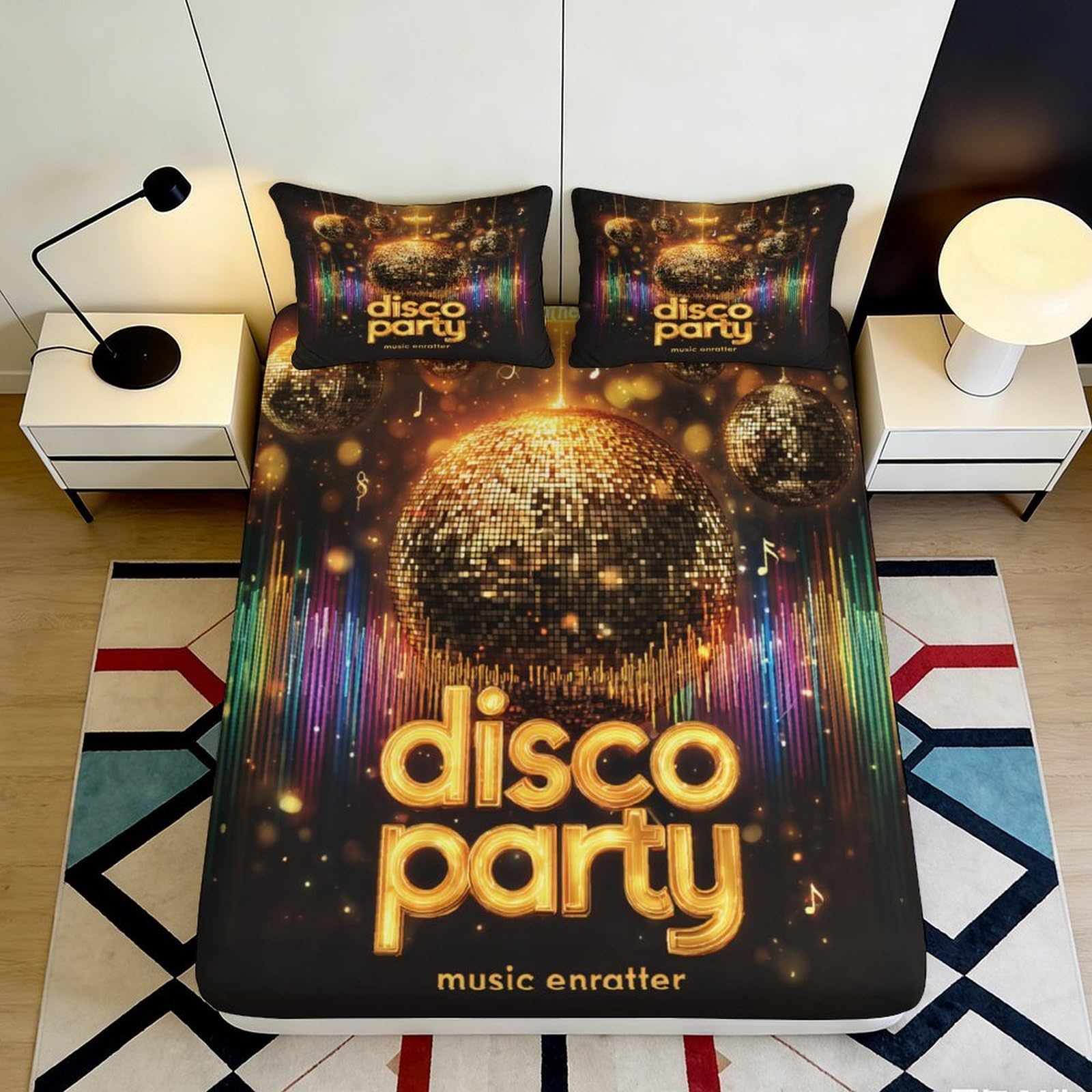 3D Printed Disco Ball Party Fitted Sheet Microfiber Bedroom Decor Gold Light Bed Cover for Home Guest Room 90x200x25cm
