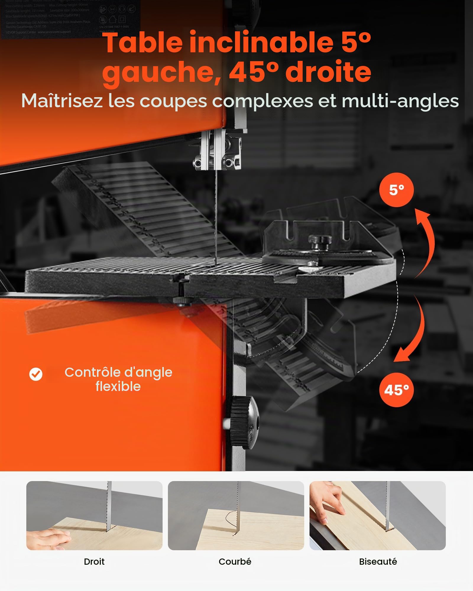 VEVOR Scie à Ruban Bois 373 W, Largeur de Coupe 229 mm, Hauteur de Coupe 90 mm