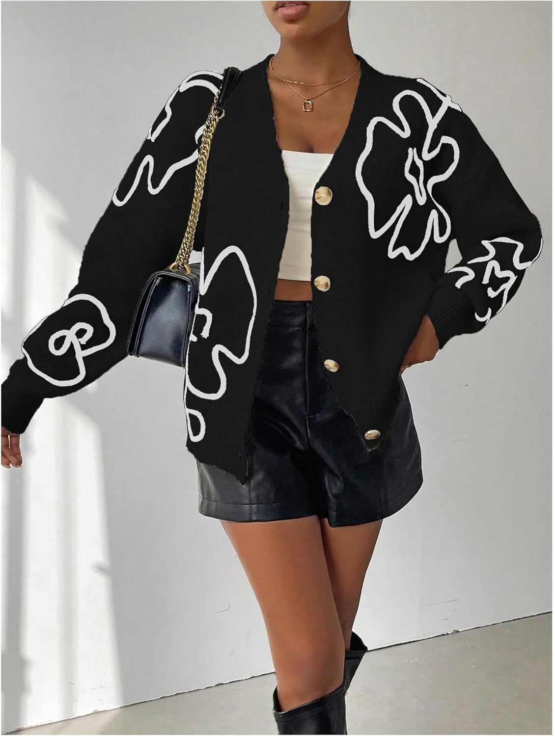 SHENHE Women's Floral Cardigan Sweater Open Front Long Sleeve Button Down Knit Sweater Outerwear - Image 5