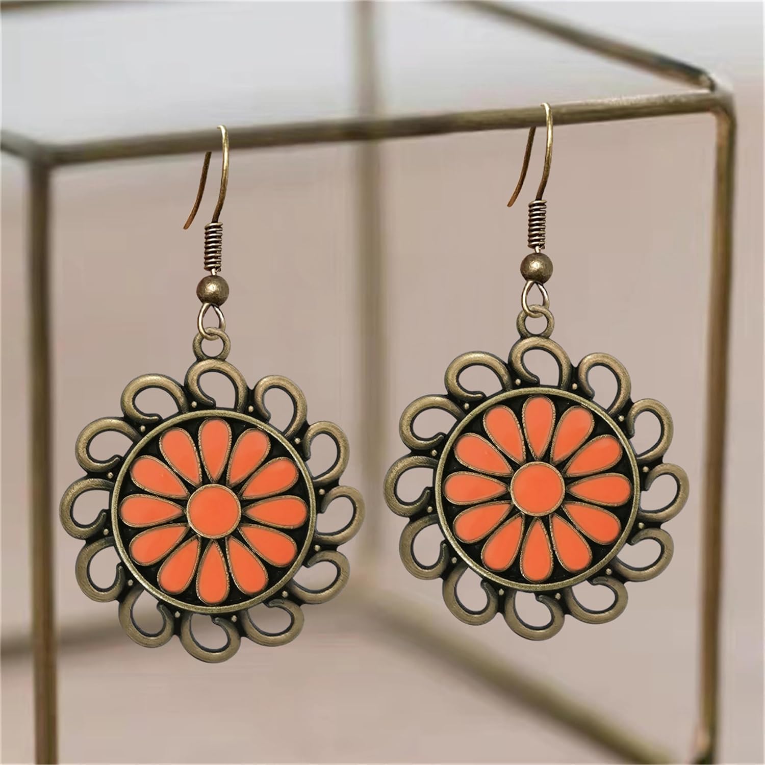 Unique Handmade Bohemian Bronze Tribal Hoop Spiral Flower Hook Earring Dainty Chic Vintage Brown Colorful Round Circle Geometry Sunflower Dangle Drop Earrings for Women Statement Jewelry Gifts - Image 3