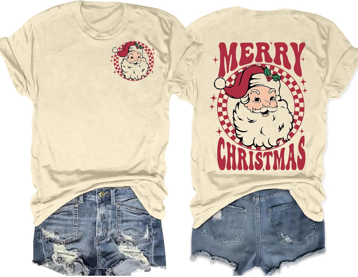 Christmas Shirts Women Vintage Santa Claus T-Shirt Merry Christmas Shirt Xmas Gift Tee Casual Holiday Tops