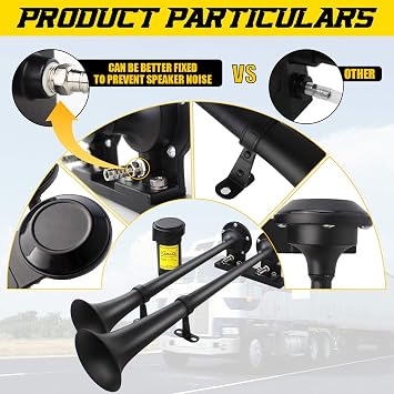 GAMPRO Dual 2-Trumpet Metal Air Horn for truck Kit with RM5000 air Compressors,150dB Ultra Loud horn Suitable For Pickup/SUV/Motor and other vehicles (Black)