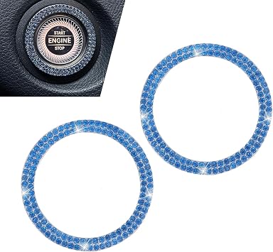 Damwot 2PCS Push Start Button Ring,Bling Rhinestone Car Engine Start Stop Decoration Ring, Cute Car Accessories,Bling Car Accessories for Women Interior Blue
