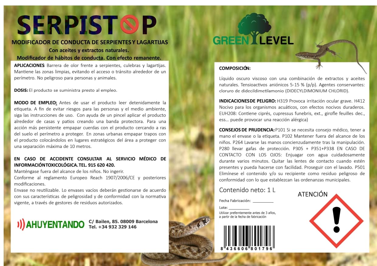 Serpistop | Repelente líquido | Serpientes | Culebras | Lagartijas | Salamanquesas | Lagartos | Reptiles | 1 litro