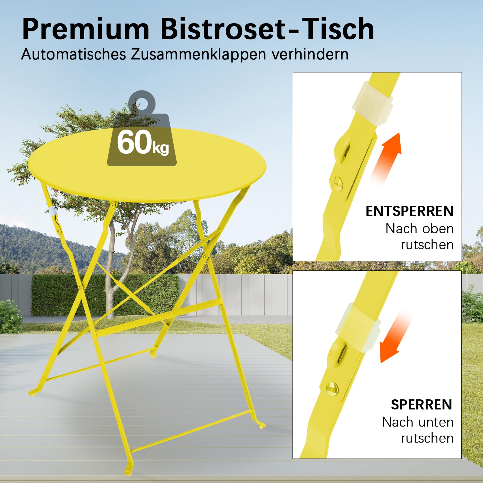 LIFERUN Juego de Muebles de Balcón de 3 Piezas, Bistro Set de Metal con 1 Mesa y 2 Sillas, Resistentes a la Intemperie, Plegables, para Pequeños Balcones, Terrazas y Jardines, Amarillo