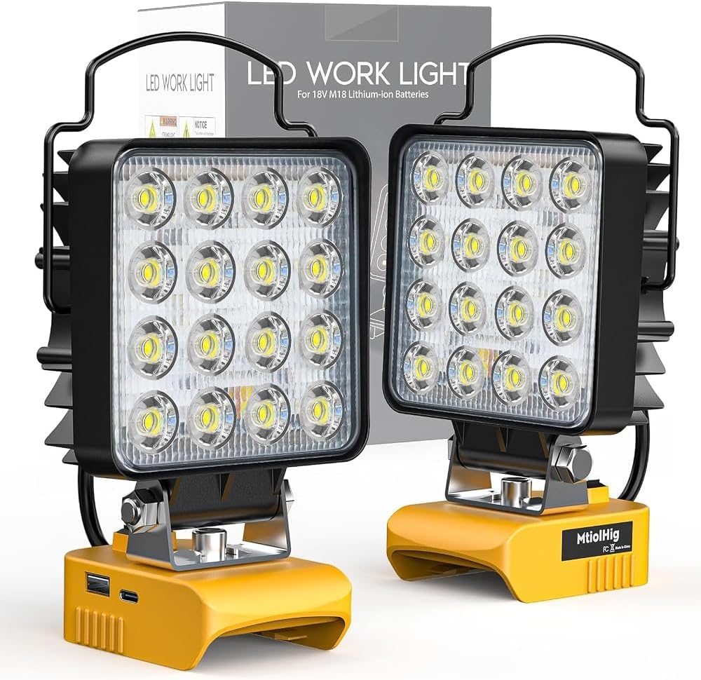 MtiolHig 2Pcs Cordless LED Work Light Compatible with Dewalt 20V Battery, 112W 11200 Lumens Underhood Work Light Tool Gifts for Men, with USB & Type-C Charging Port Emergency for Workshop, Garage