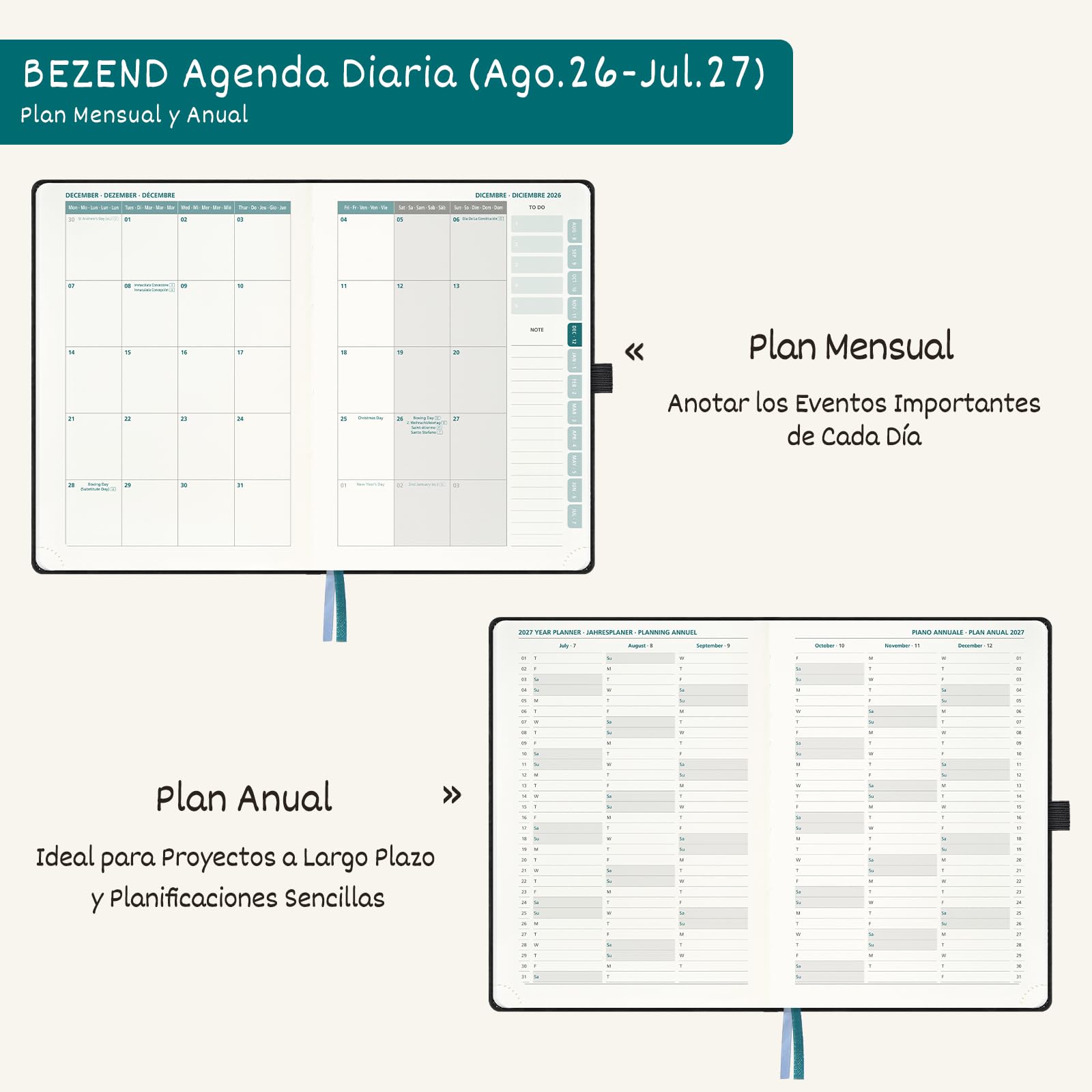 BEZEND Agenda Escolar 2026 2027 Día por Página A5, 12 Meses de Ago.26 a Jul.27, Agenda Diaria 15,5 x 21 cm, Dia Vista con Intervalos de 30 minutos, Tapa Dura en Cuero PU - Negro
