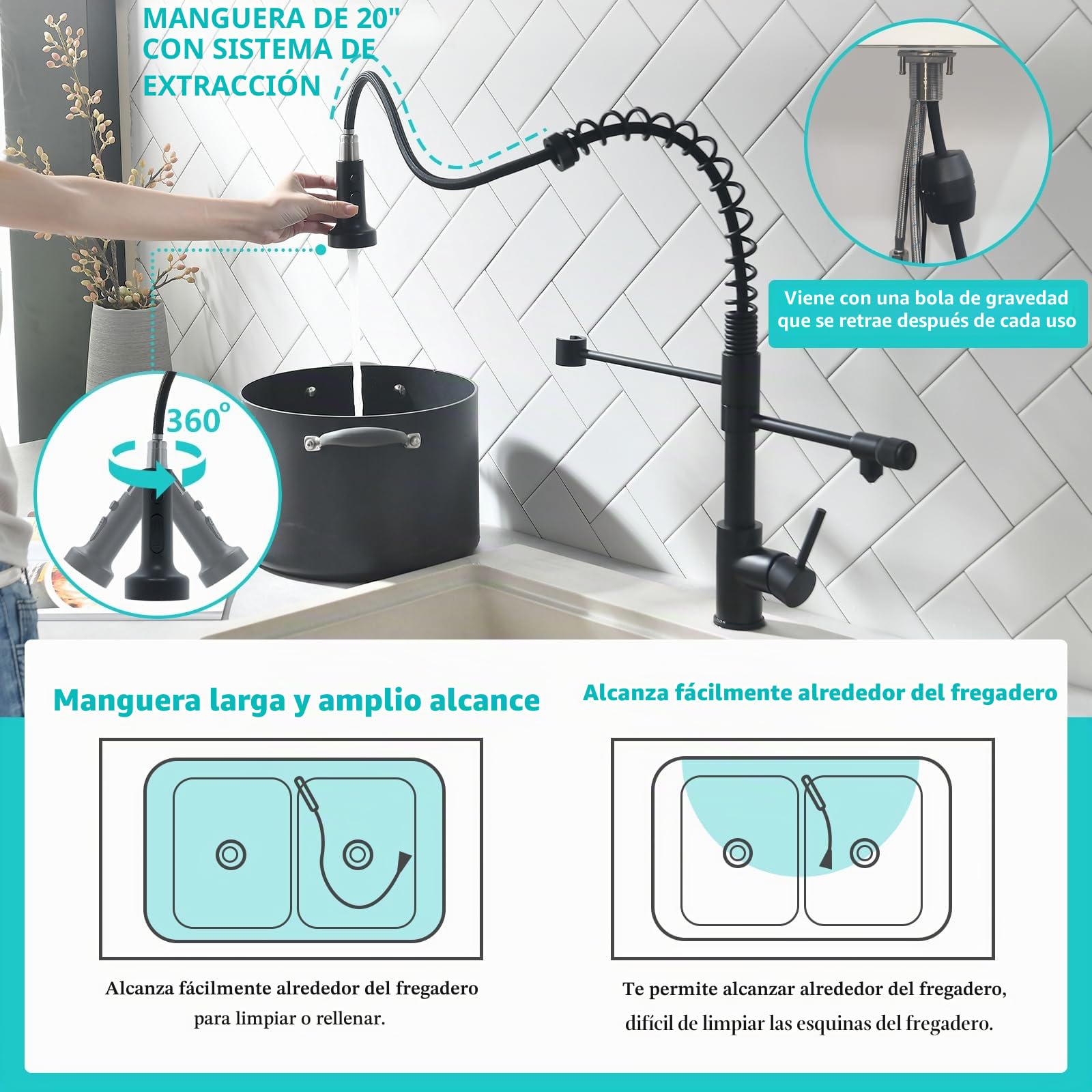 TIMACO Grifo de cocina de 3 vías negro con alcachofa extraíble, grifo de cocina giratorio 360°, mezclador monomando de acero inoxidable, grifo de fregadero con grifo de agua de 3 en 1 para filtro de