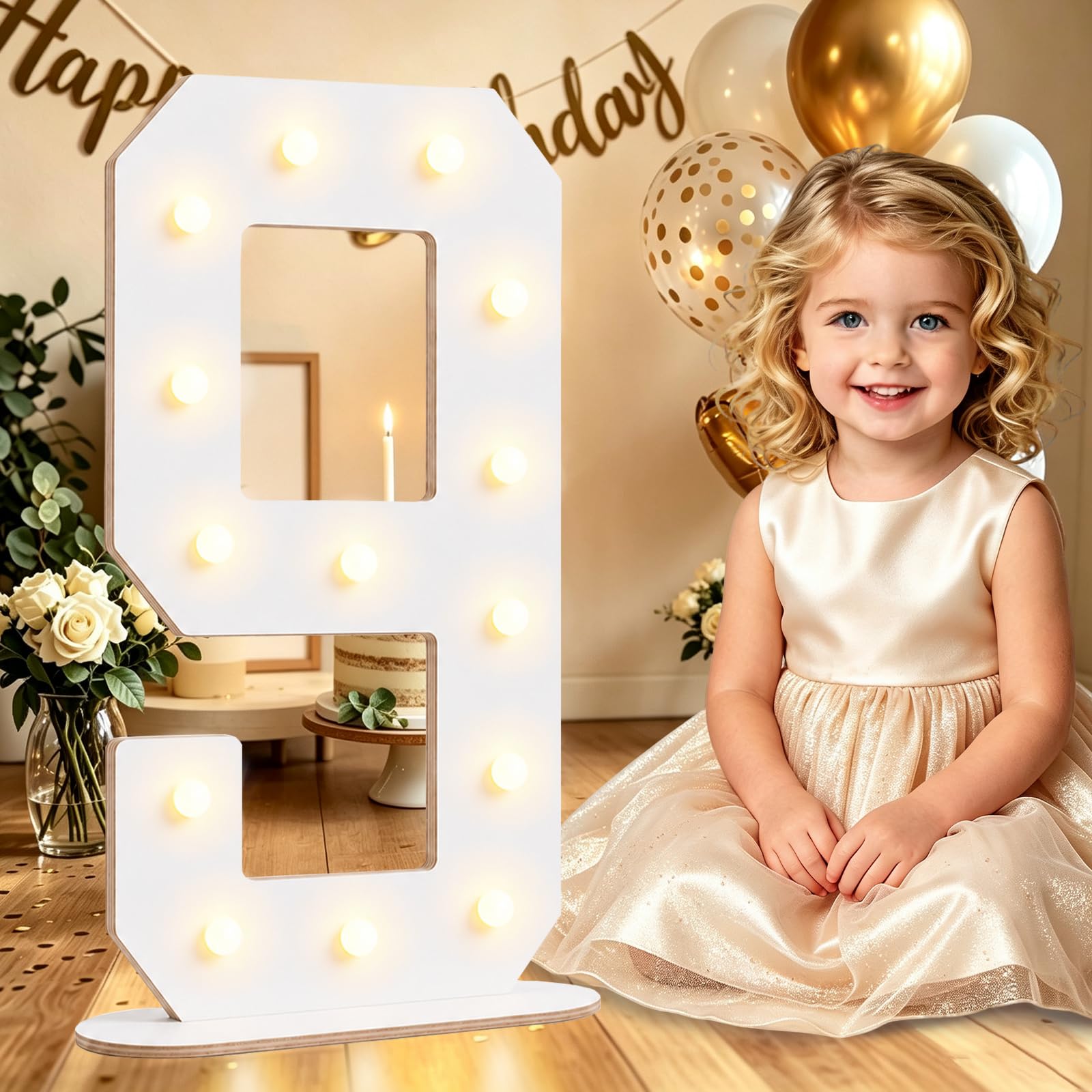 44CM White Wooden Light Up Numbers 9, 9th Birthday Decor for Boys Girls — image 1