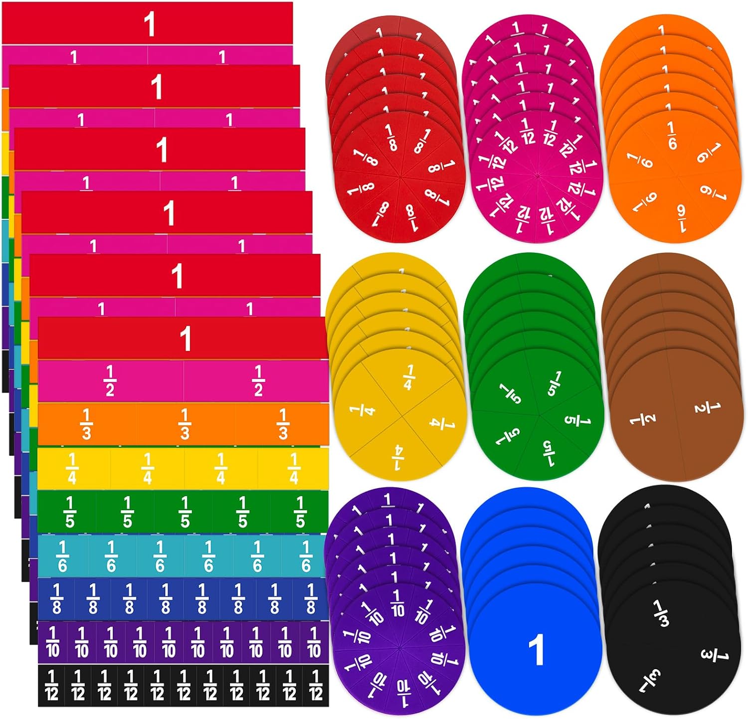 12 Sets Fraction Bars Include 6 Sets Fraction Tiles and 6 Sets Fraction Circles for Math Classroom Foam Fractions Manipulatives Math Manipulatives for Home School Supplies