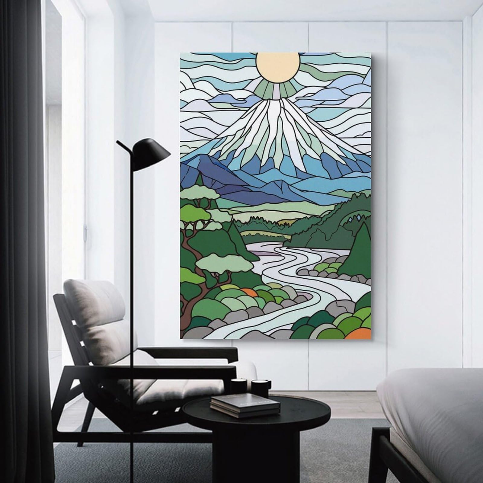Junmoney Hanging Wall Art Stained Glass Mountain Landscape, 20x30inch(50x75cm), for Wall Displays, Bedrooms Or Room Updates, Wall Decor Suited to Curated Displays