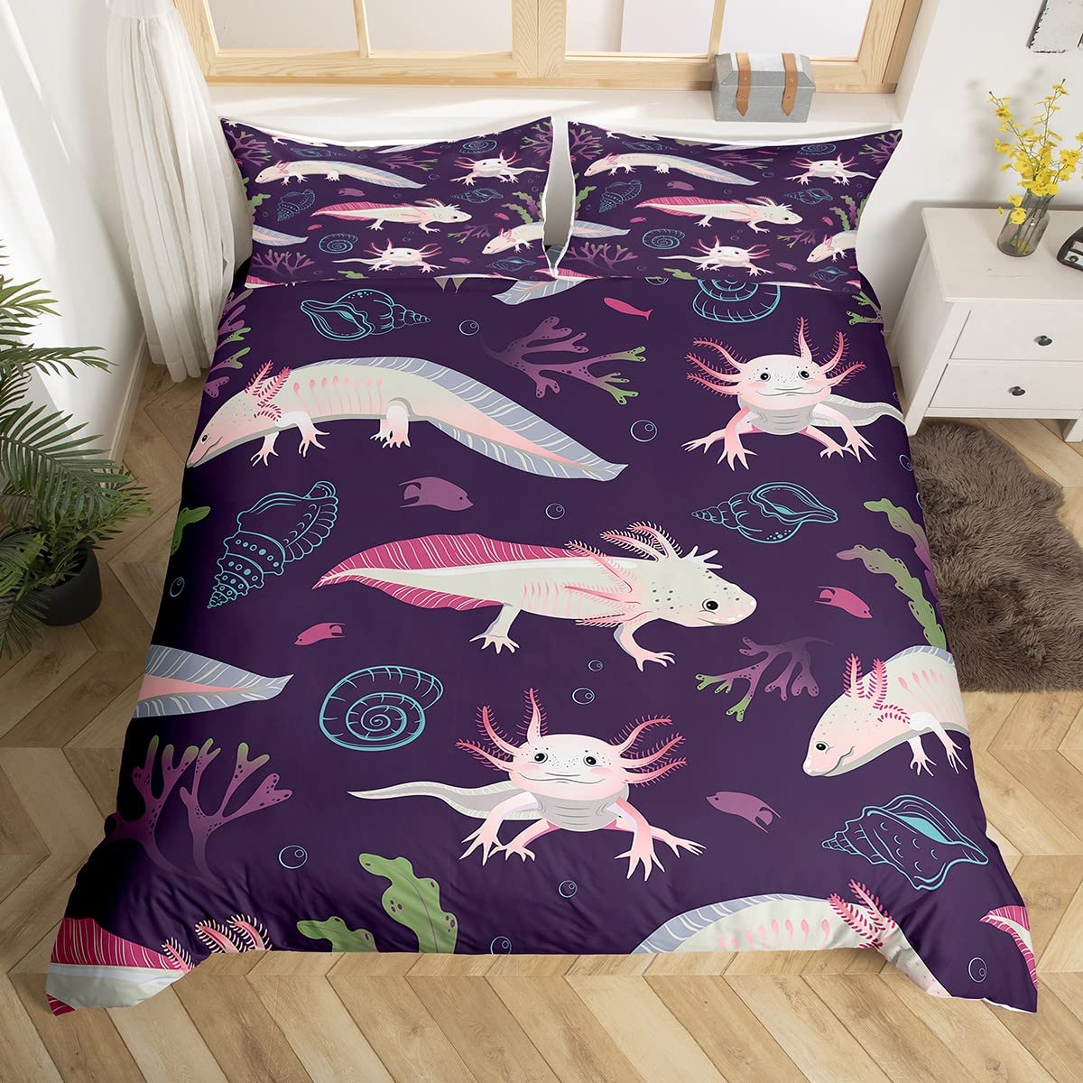 Housse de couette axolotl violette pour chambre d'ado | Créez un cocon marin unique