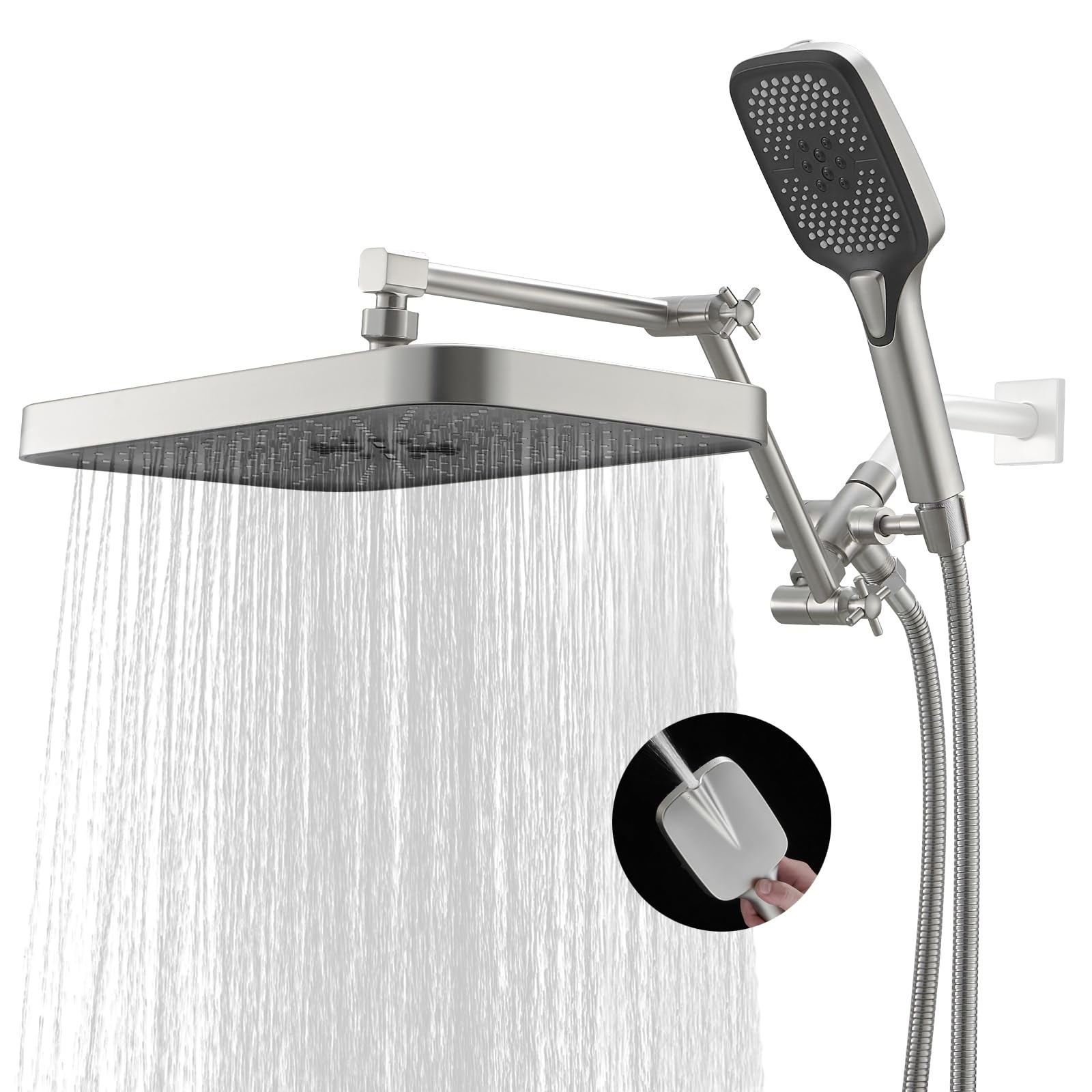 Photo 1 of Jcrob High Pressure Wide Rain Shower Head with Handheld Spray Combo, 14 Inch Rainfall Shower Heads with Adjustable Extention Arm, Dual Waterfall Showerhead with 3-Way Diverter(Brushed Nickel)