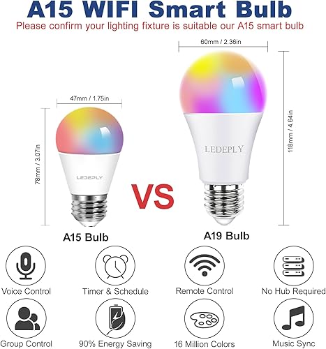 Miniatura 2 de LEDEPLY 5 W  40 W, bombilla inteligente A15, compatible con Alexa, Google Home, E26, cambio de color, bombillas LED WiFi regulables, no requiere