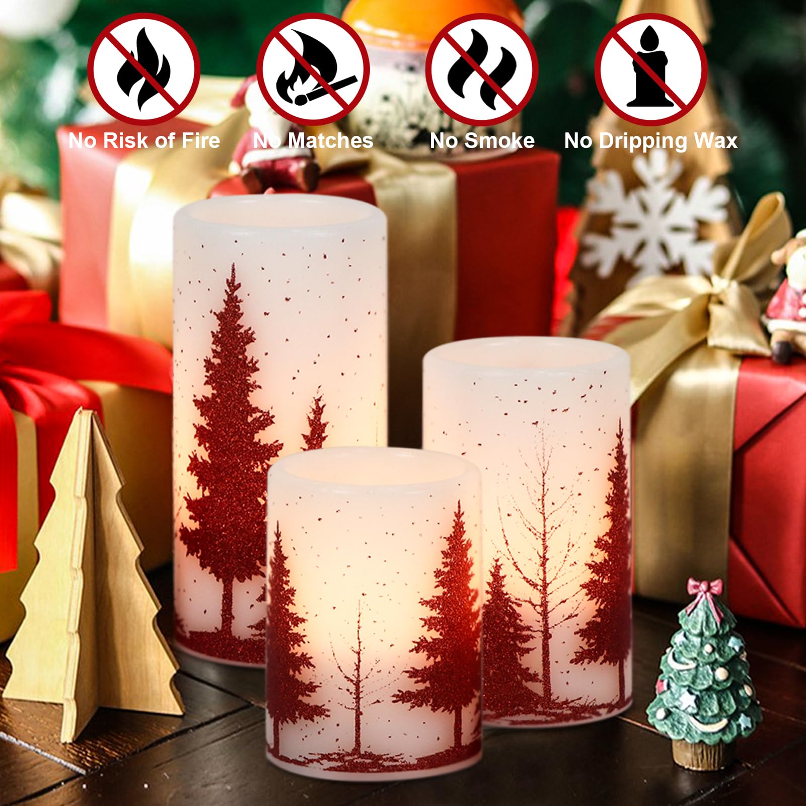 Candele tremolanti senza fiamma per albero di Natale, funzionamento a batteria, con timer 6H, confezione da 3 candele a colonna in vera cera con luce calda a LED, decorazione per cena,