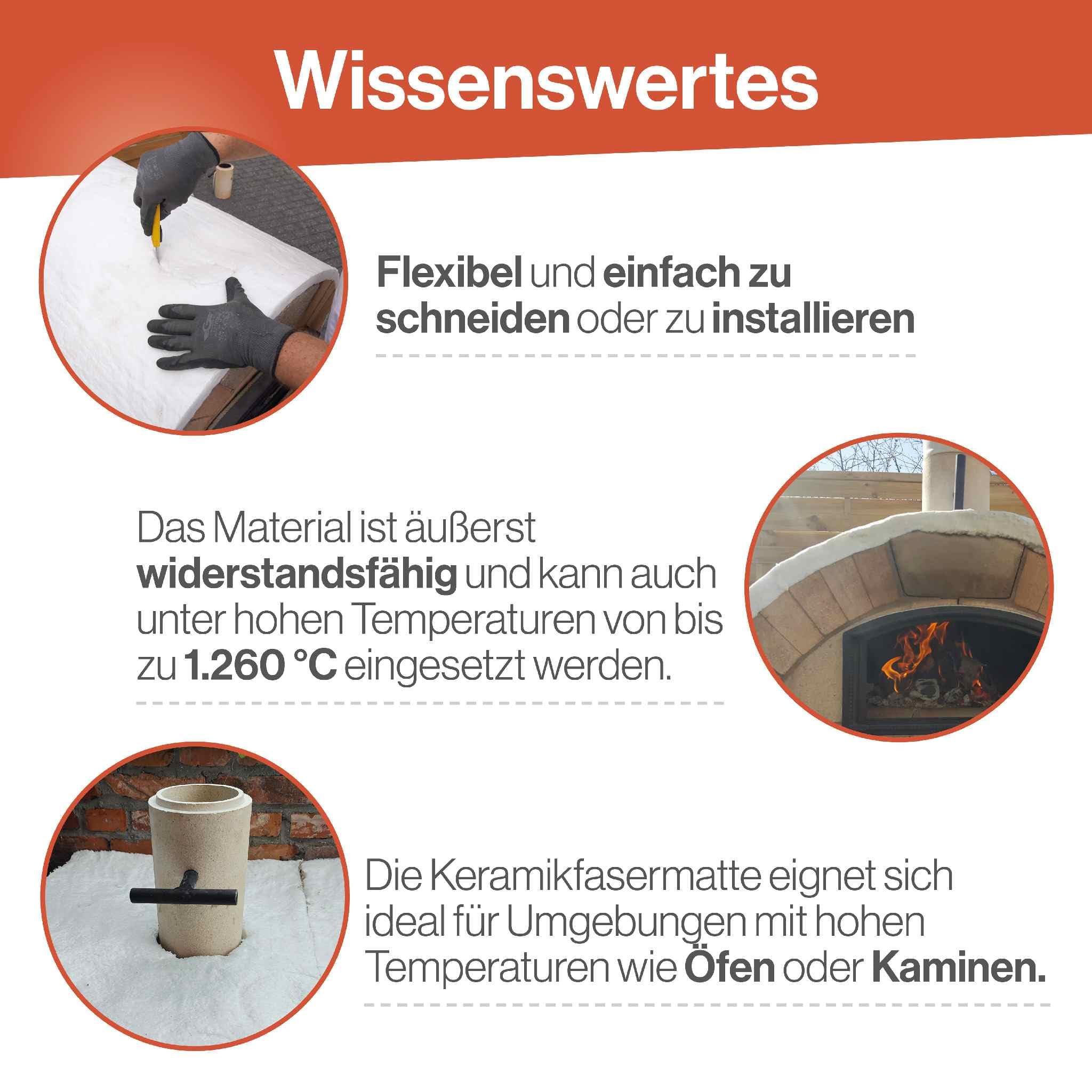 Feuerfest 123 - Keramikfasermatte [165x61x2,5 cm] - Bis 1.260 °C - Hochtemperatur-Isolierung - Keramikfaserdecke für Kamine und Öfen - Auch als Ofenrohr Isolierung - Material Dichte 128 KG/m³