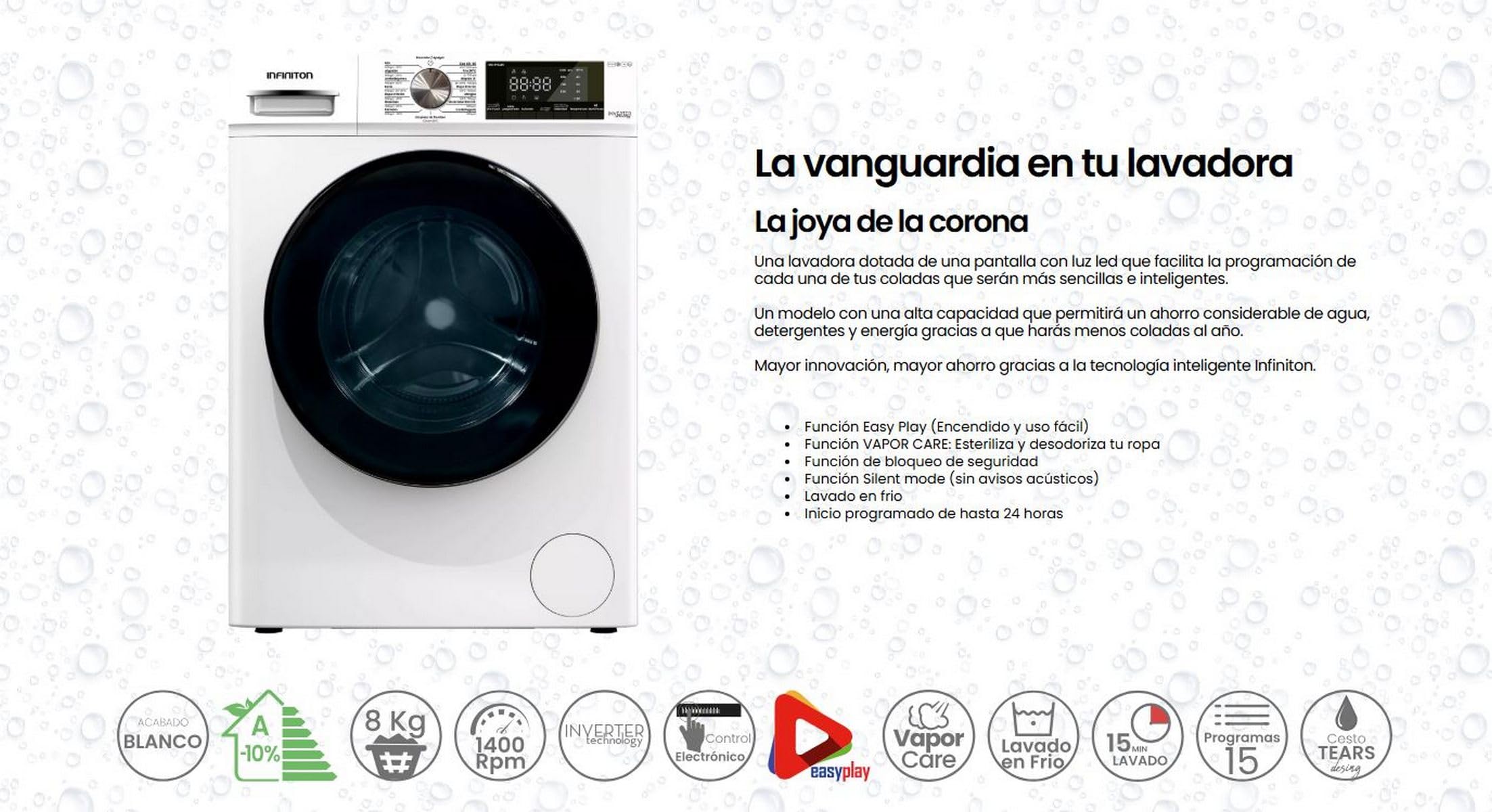 LAVADORA INFINITON WM-S84ABN, 8 KG, 1400 rpm, A, INVERTER, Cesto de acero inoxidable, Silent Mode, 15 Programas, Carga Frontal (Blanco || WM-S84ABN)